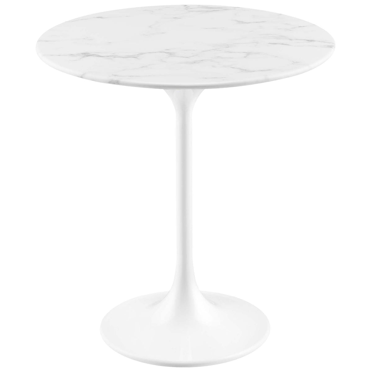 White faux marble pedestal side table with round top and smooth tapered base || EEI-5680-WHI-WHI || front_studio