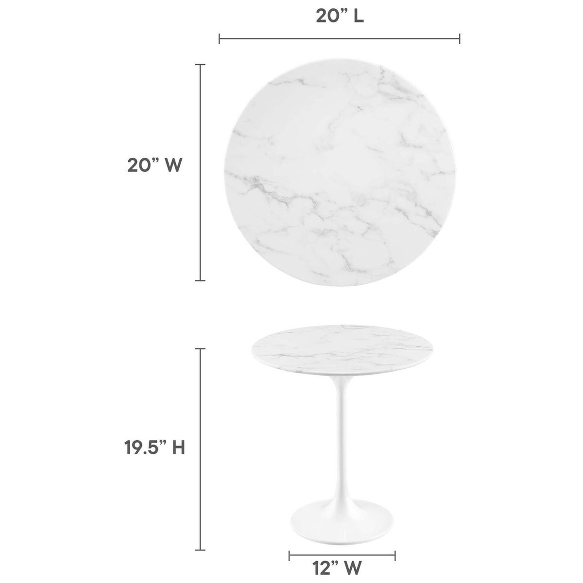 Dimension guide for white faux marble side table showing 20 inch round top and 19.5 inch height || EEI-5680-WHI-WHI || dimension_studio