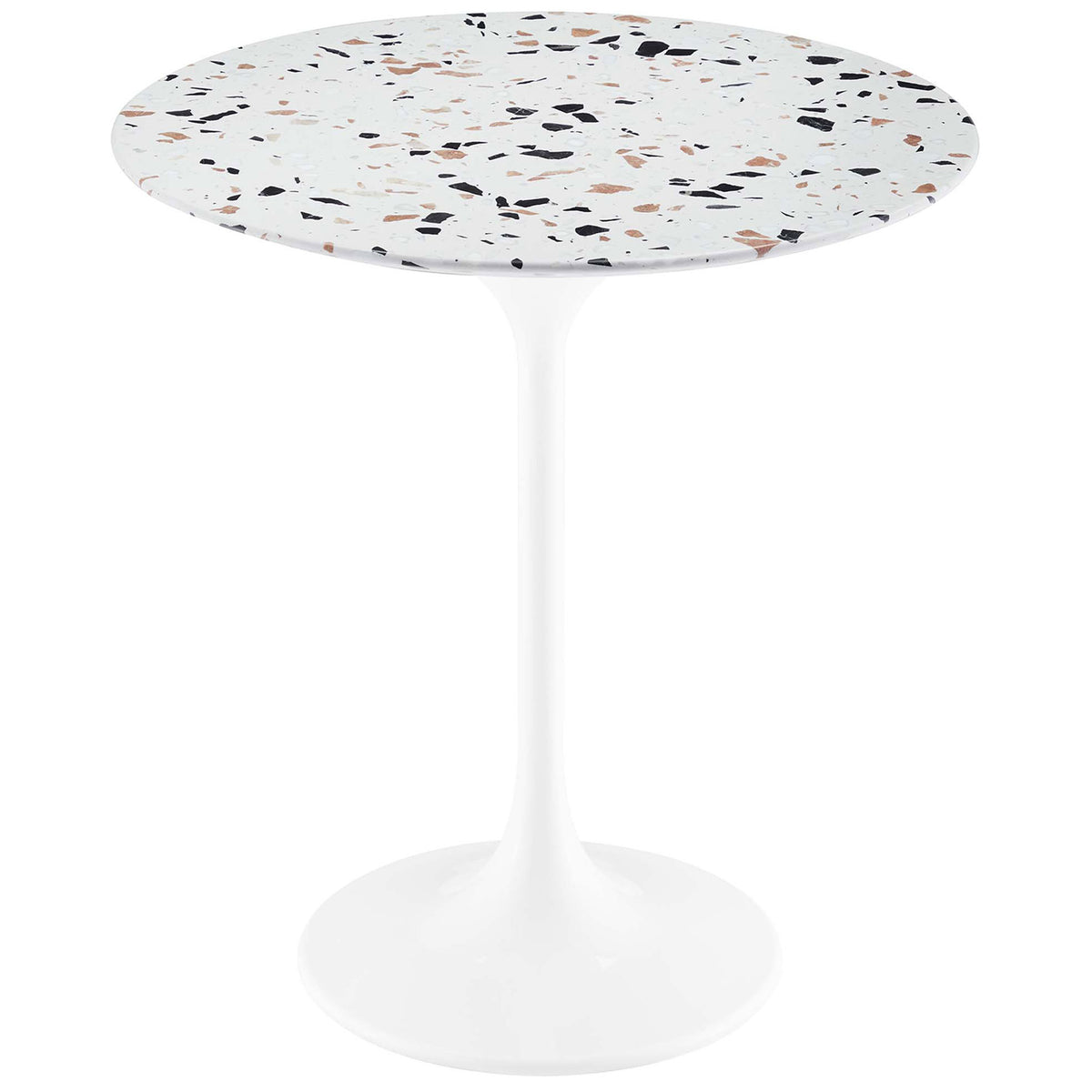 Round white terrazzo side table with sleek pedestal base and slim mid-century profile || EEI-5682-WHI-TER || front_angle_studio