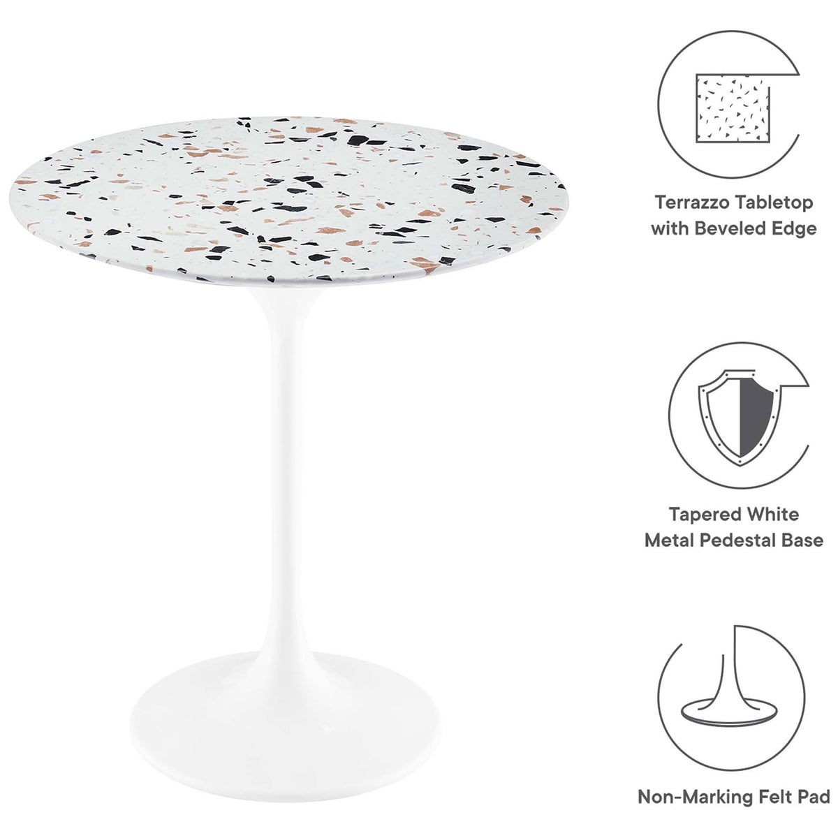 White terrazzo side table shown with icons highlighting its beveled top, tapered base, and floor-safe pad || EEI-5682-WHI-TER || callout_studio
