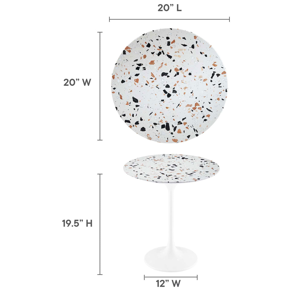 Size guide of the terrazzo side table showing 20 inch round top, 19.5 inch height, and 12 inch base width || EEI-5682-WHI-TER || dimension_studio