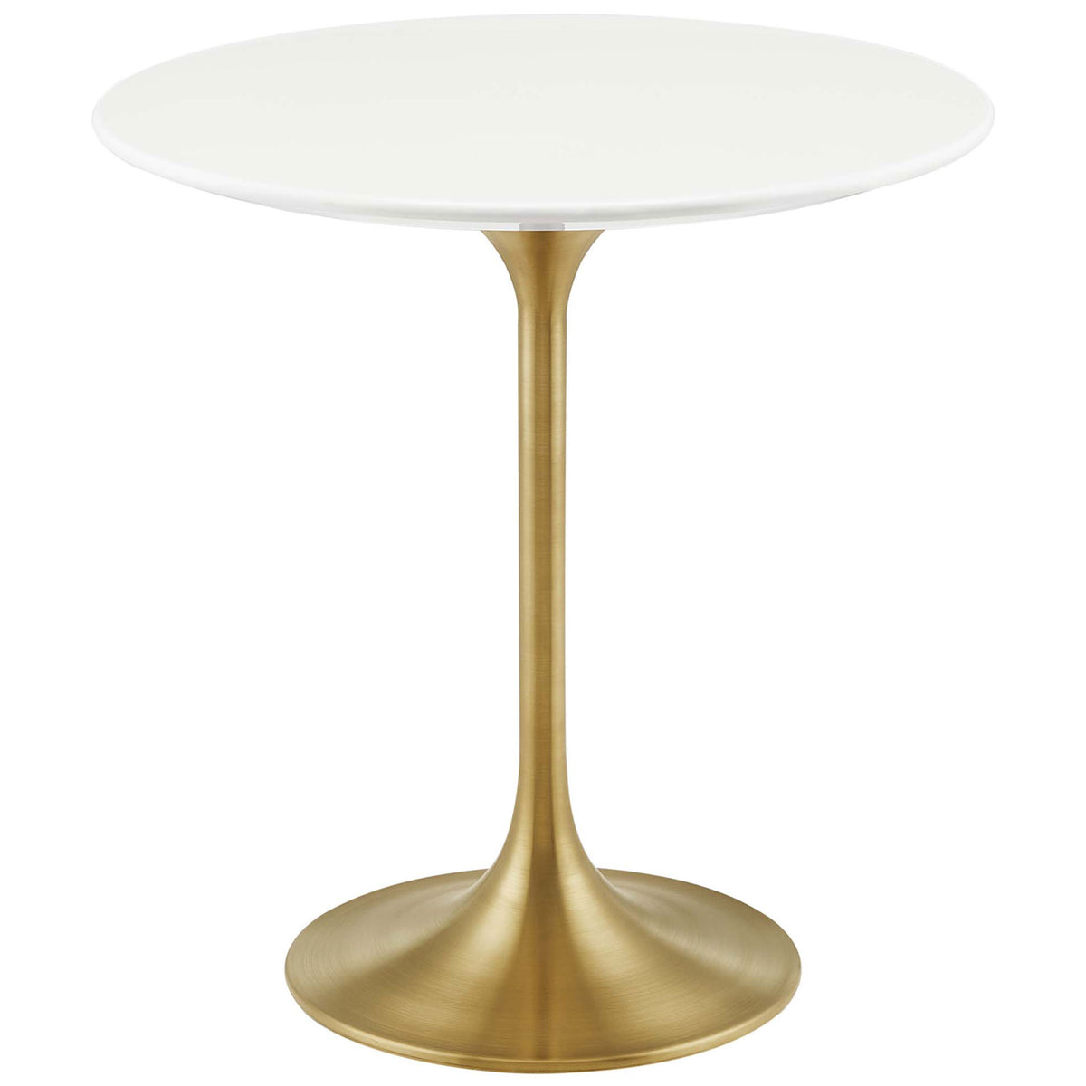 Elegant white round side table with sleek brushed gold tulip pedestal base || EEI-5683-GLD-WHI || front_studio