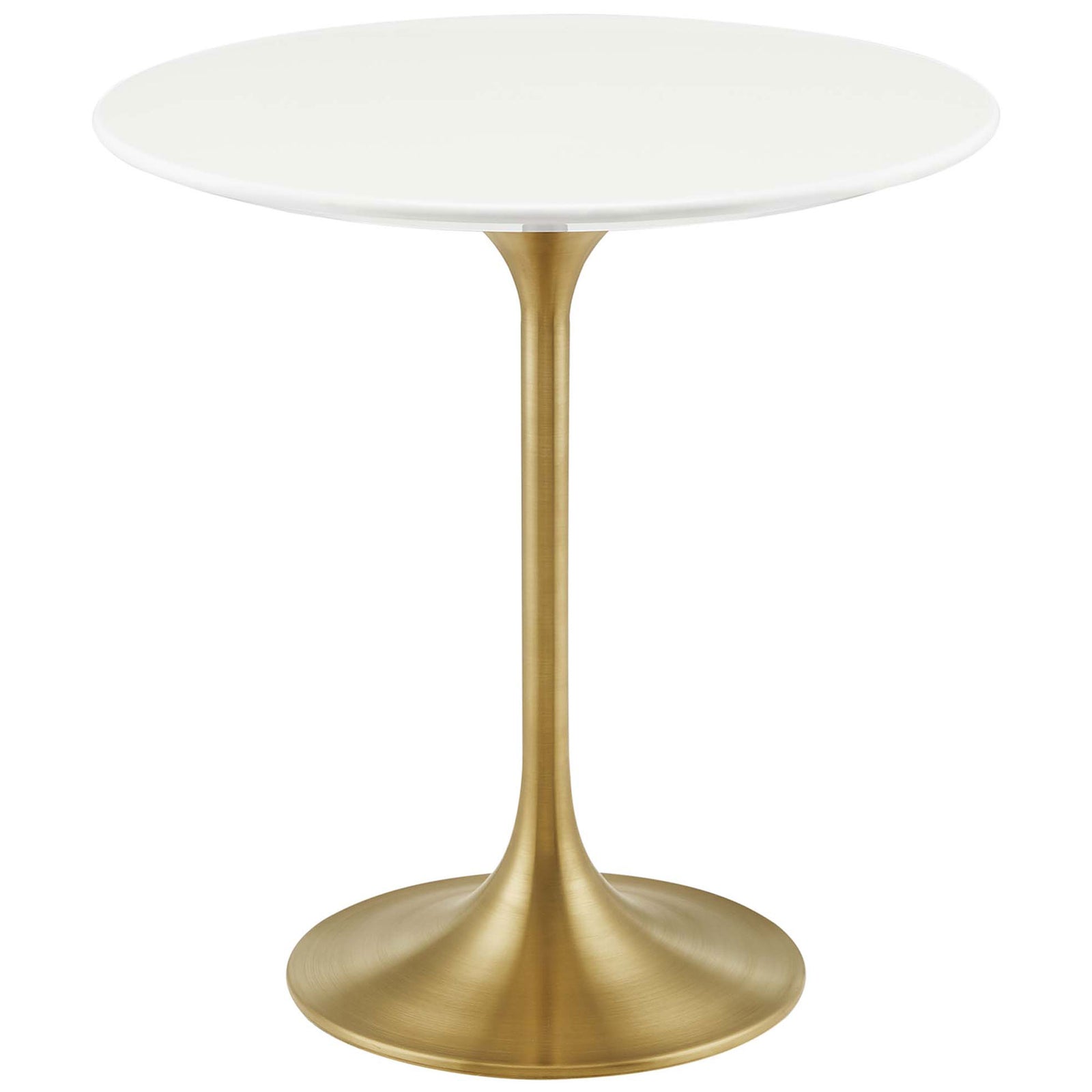 Elegant white round side table with sleek brushed gold tulip pedestal base || EEI-5683-GLD-WHI || front_studio