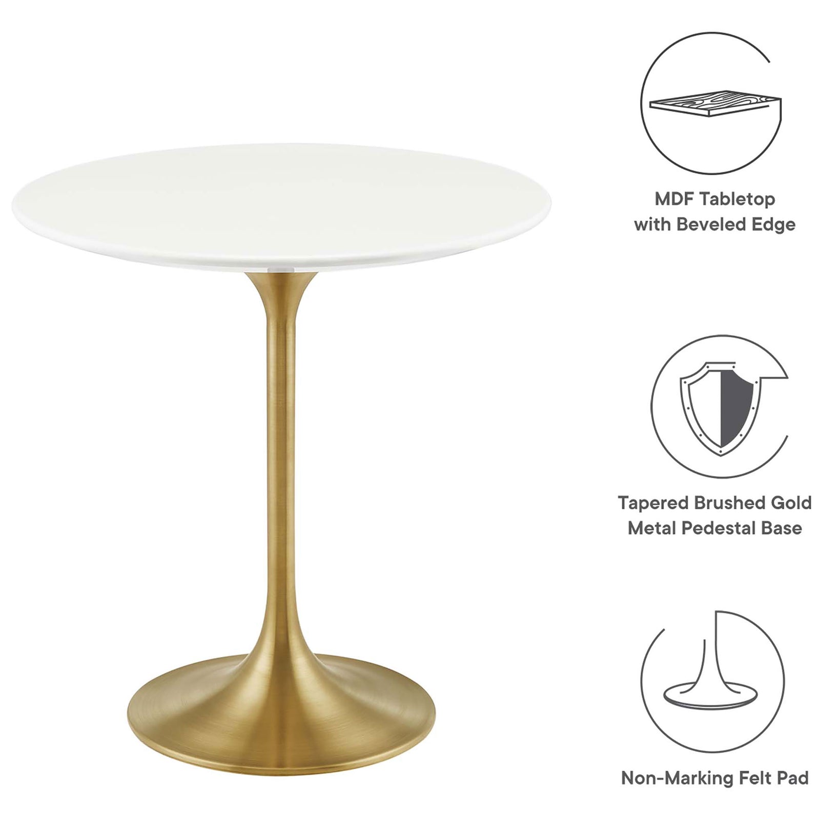 Feature highlights of the Lippa side table including MDF top, brushed gold base, and floor-safe pad || EEI-5683-GLD-WHI || callout_studio