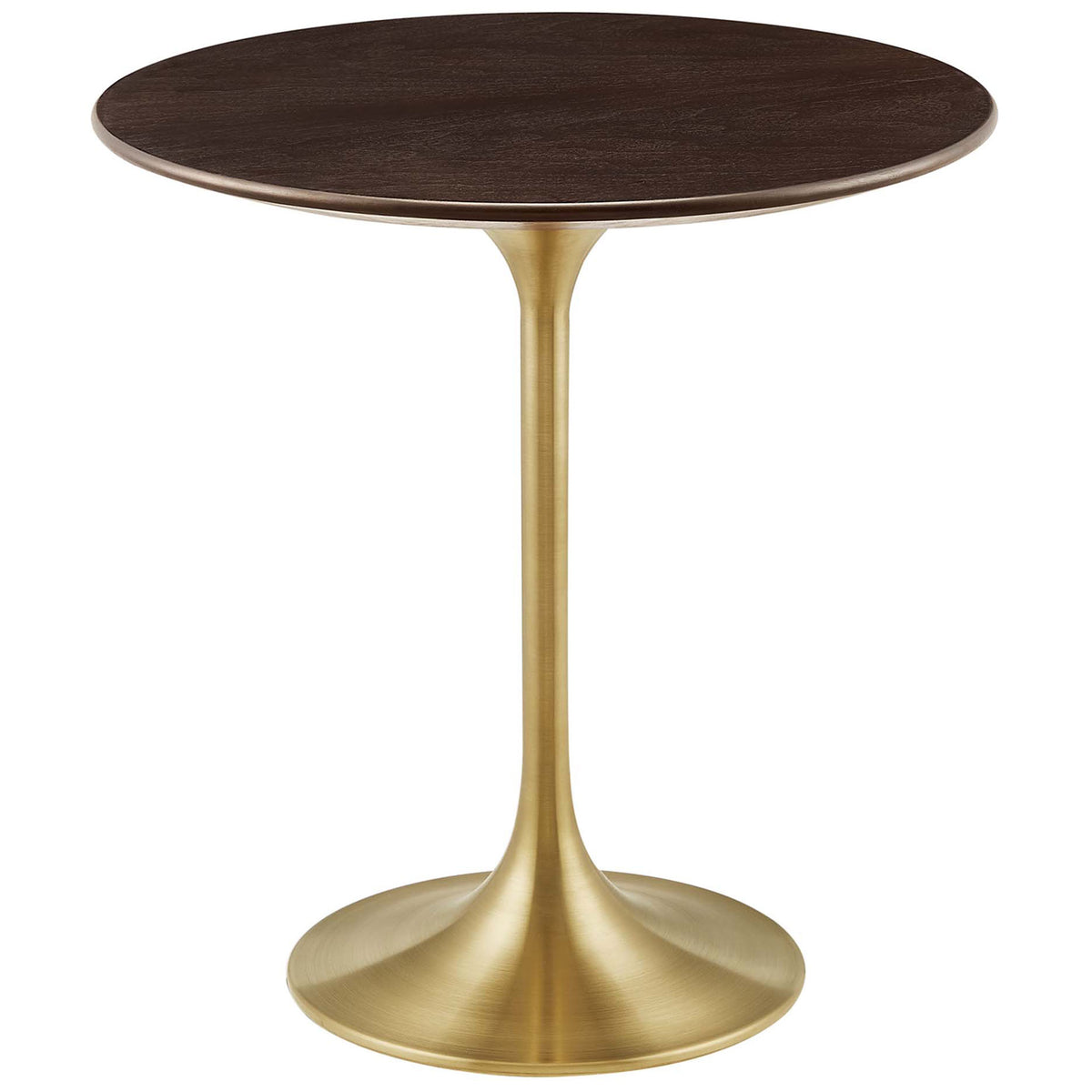Round wood side table with rich walnut grain top and brushed gold pedestal base || EEI-5684-GLD-CHE || front_angle_studio