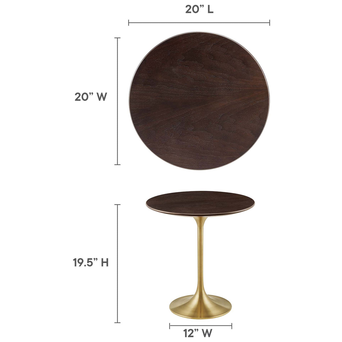 Round side table with dimension overlay showing 20 inch top and 19.5 inch height || EEI-5684-GLD-CHE || dimension_studio