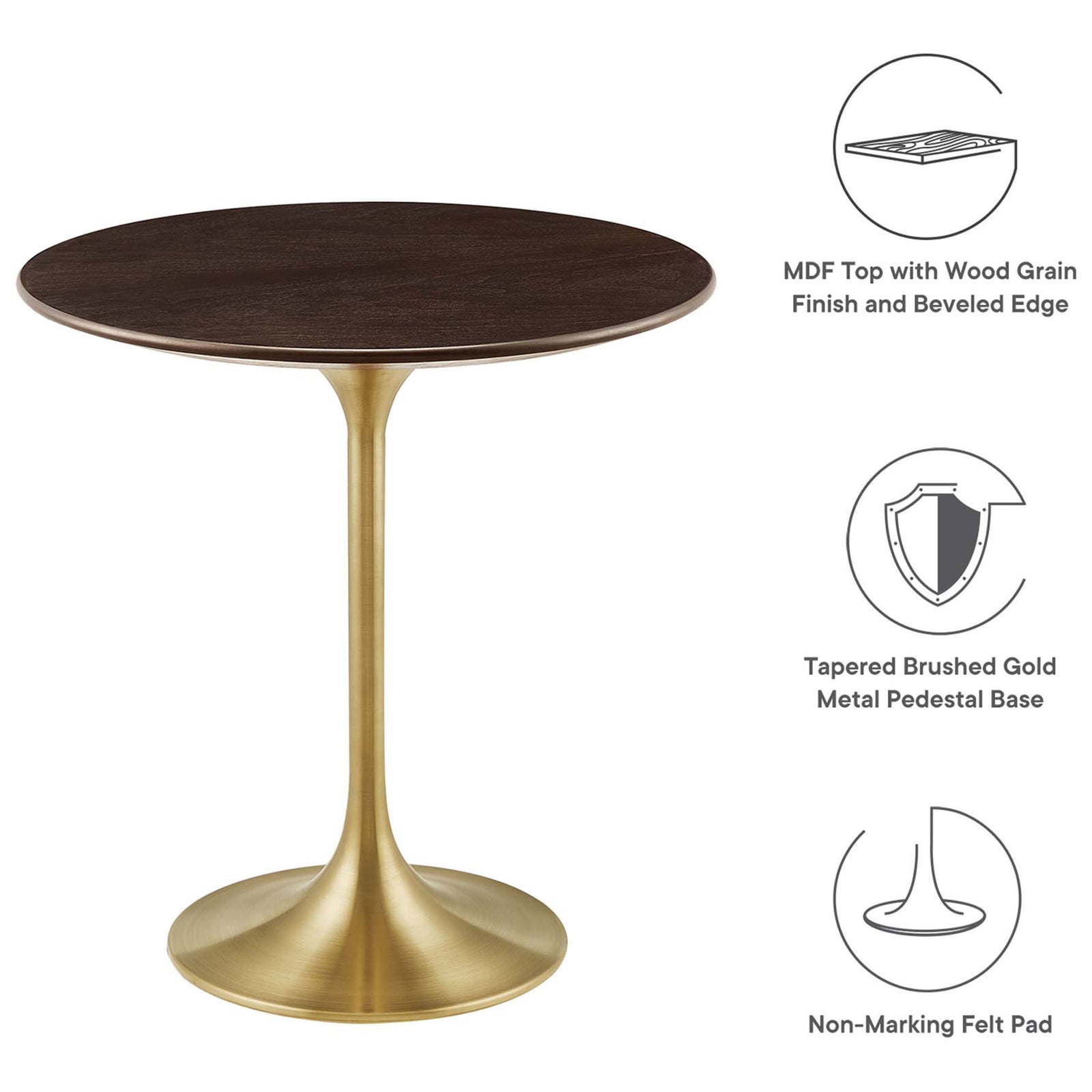 Side table with callouts for wood grain MDF top, gold pedestal base, and non-marking felt pad || EEI-5684-GLD-CHE || callout_studio