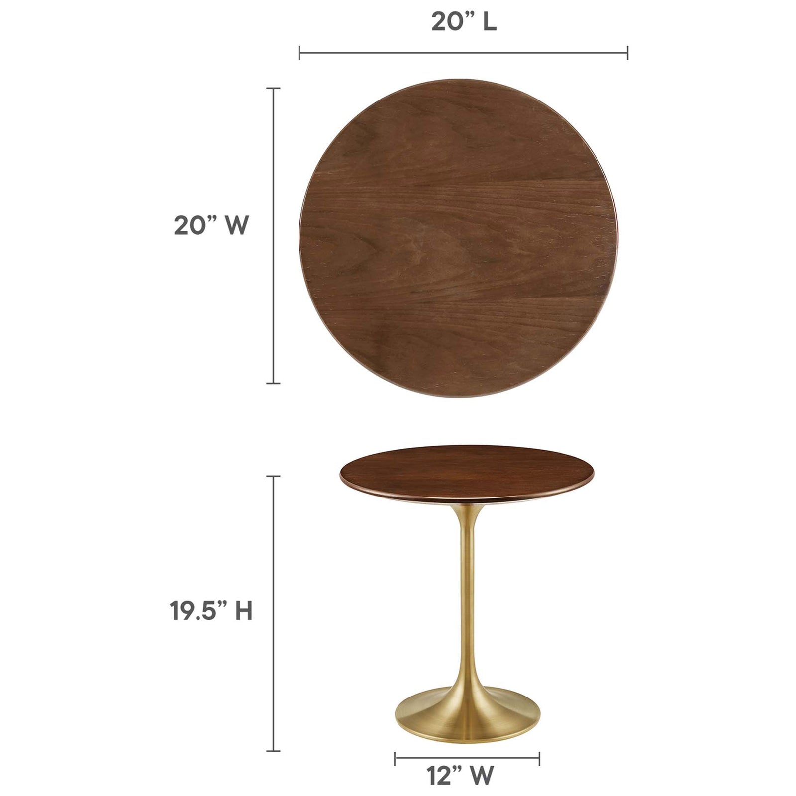 Walnut and gold round side table with labeled height and tabletop diameter dimensions || EEI-5684-GLD-WAL || dimension_studio