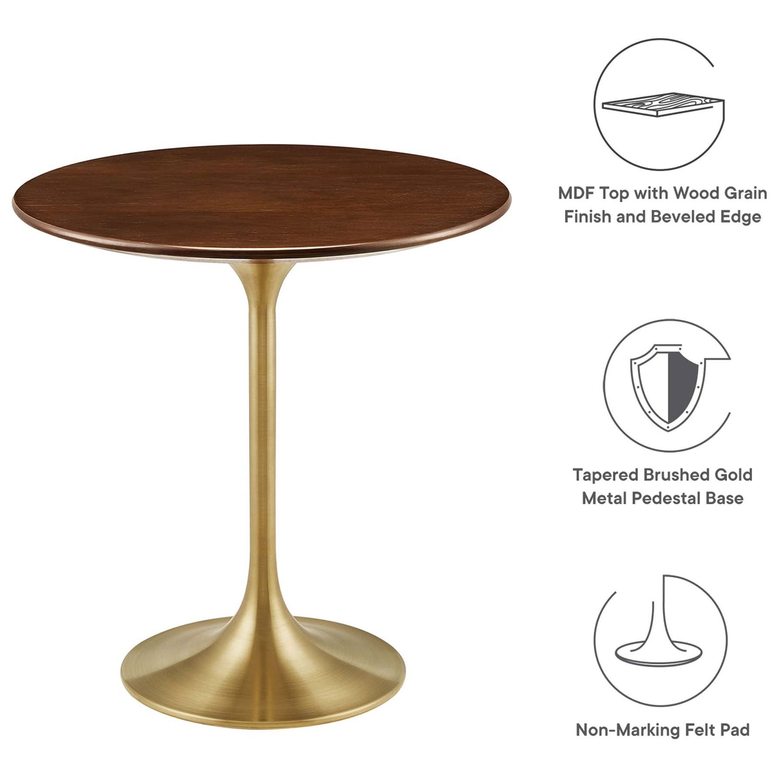 Walnut round side table highlighting MDF wood grain top and brushed gold pedestal base || EEI-5684-GLD-WAL || callout_studio