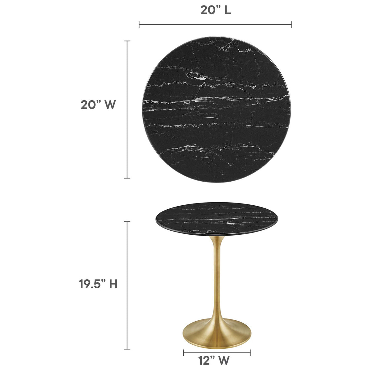 Size guide for round black faux marble side table with brushed gold pedestal base || EEI-5685-GLD-BLK || dimension_studio