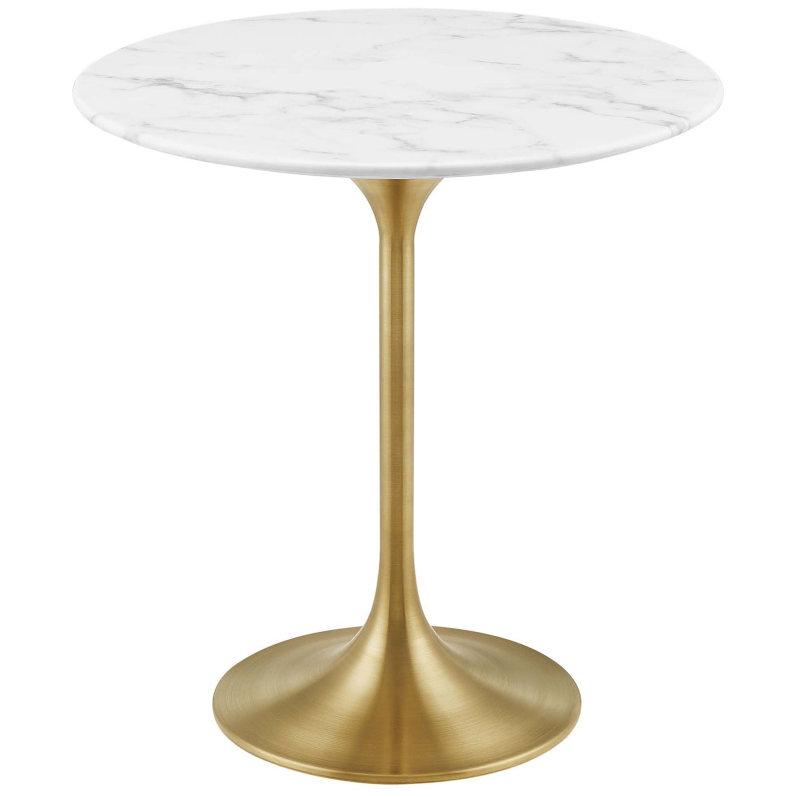 Round white faux marble side table with smooth beveled edge and brushed gold tulip pedestal base || EEI-5685-GLD-WHI || front_studio