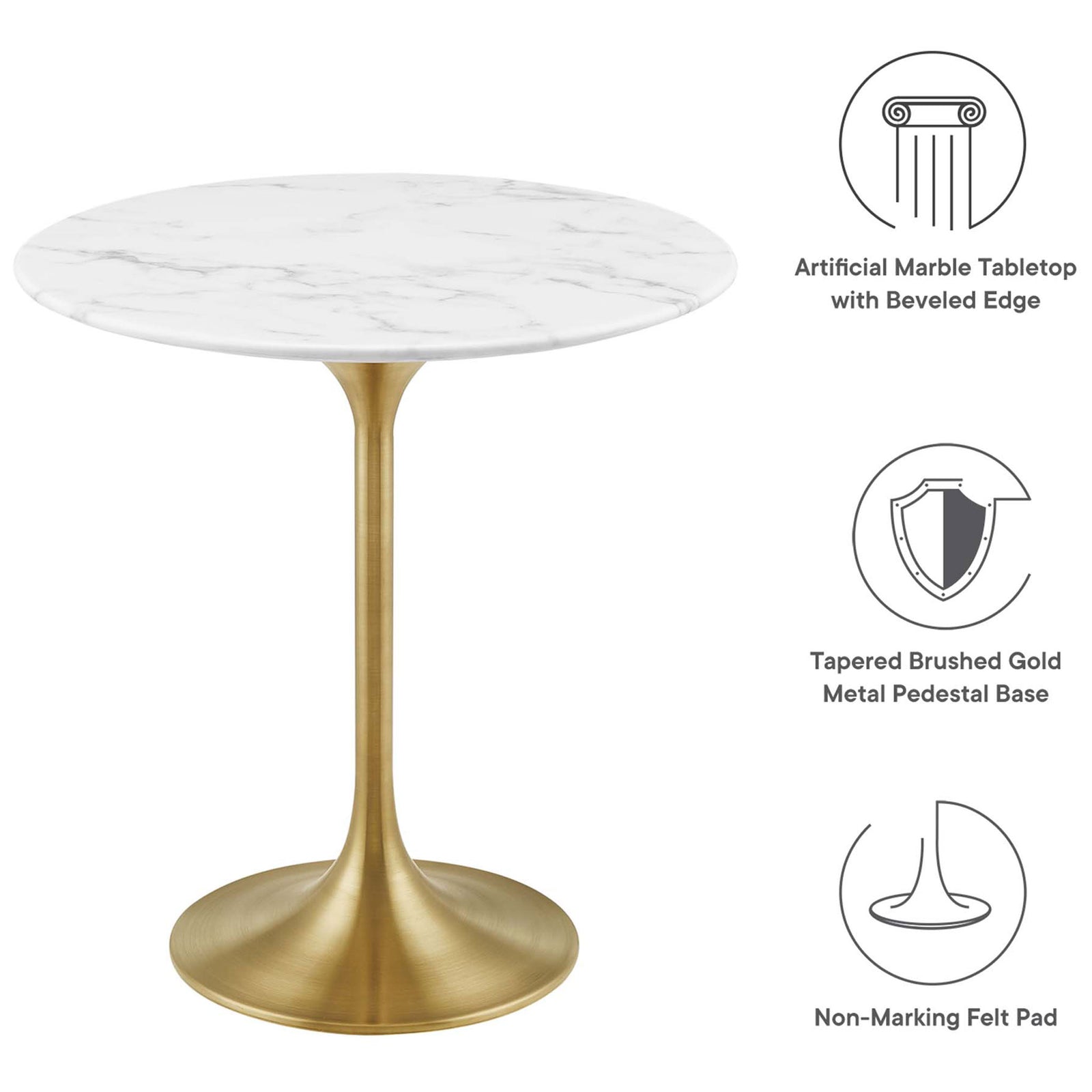 Feature graphic highlighting the Lippa side table's faux marble top, gold pedestal base, and protective felt pad || EEI-5685-GLD-WHI || callout_studio