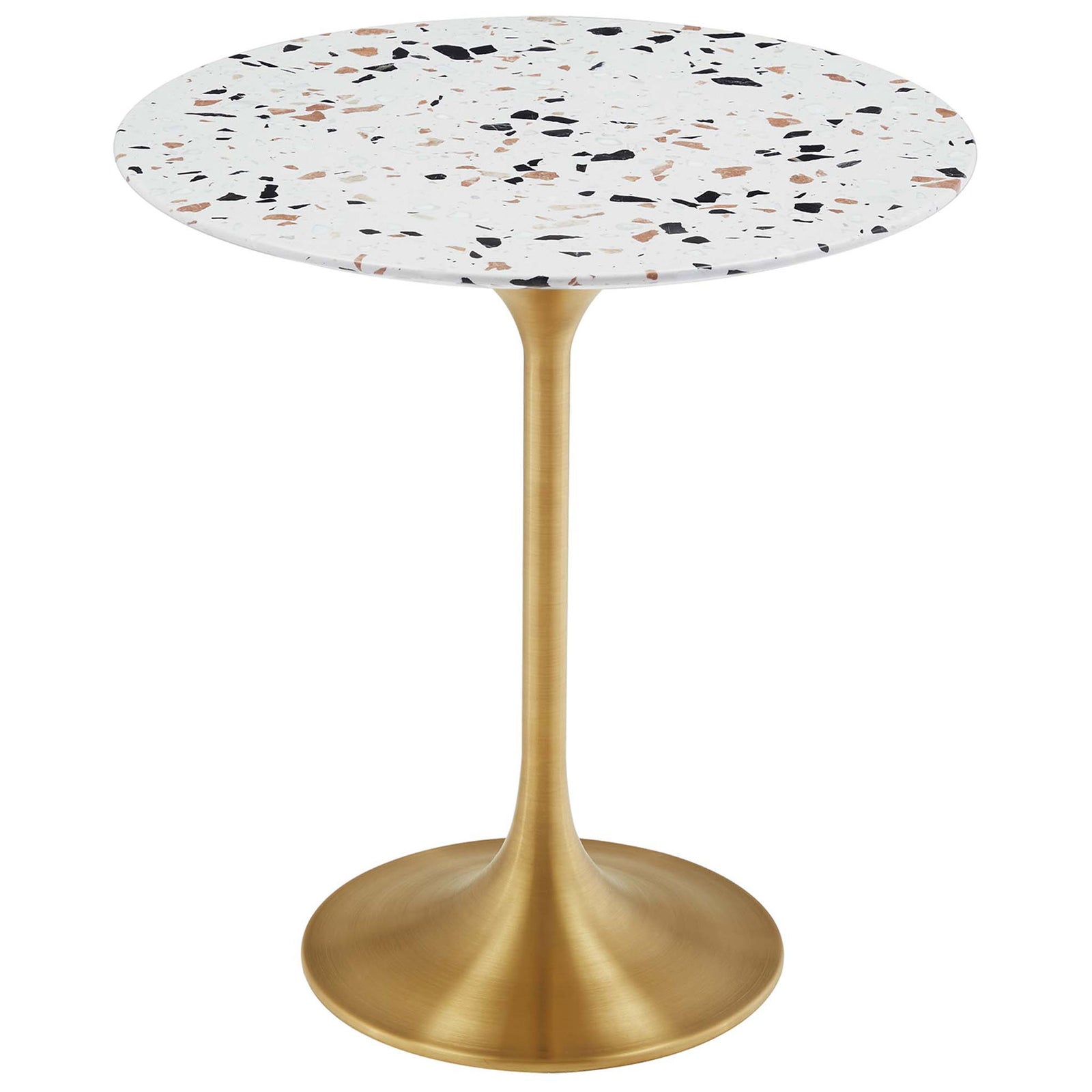 Gold pedestal side table with round terrazzo top for chic modern living rooms || EEI-5687-GLD-TER || front_angle_studio