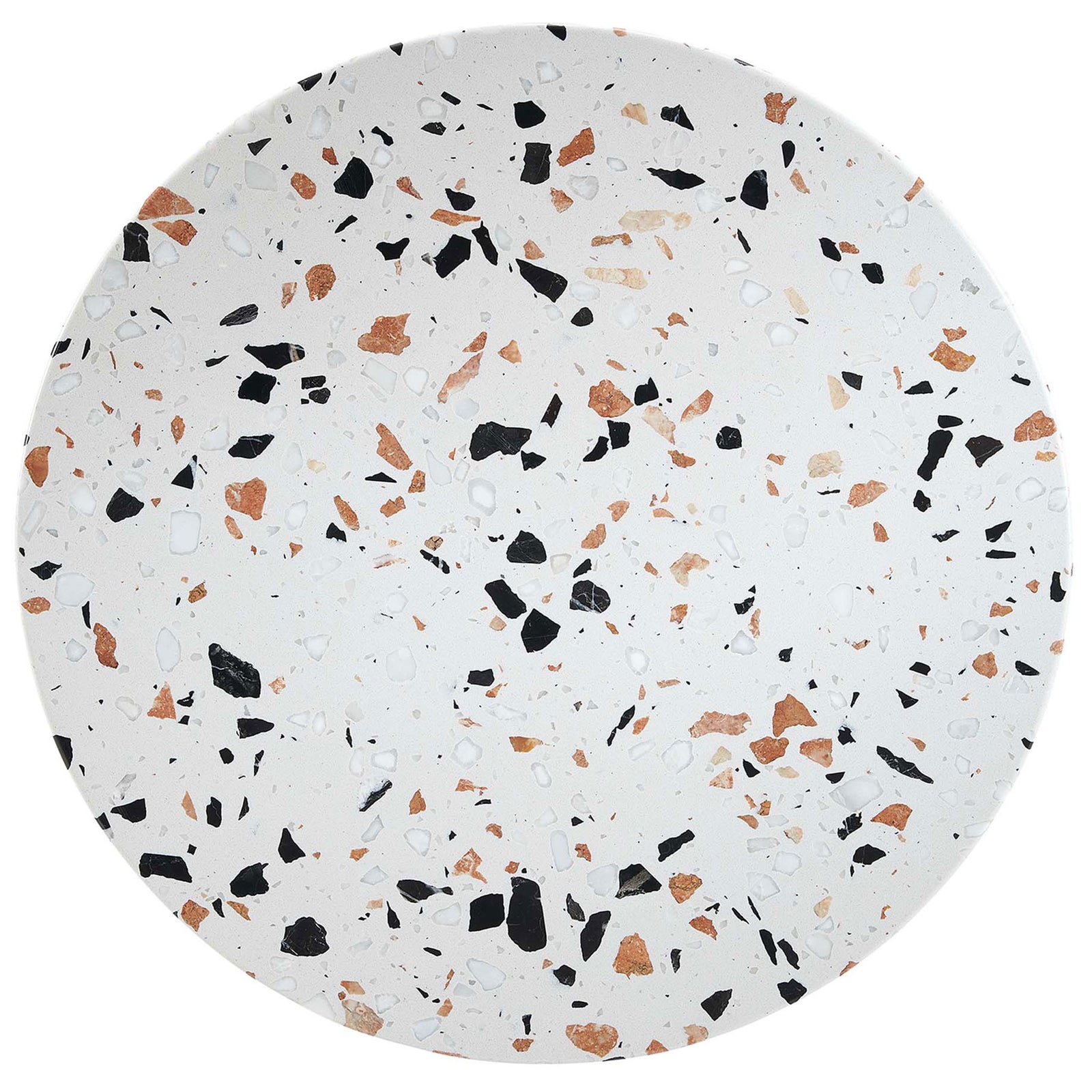 Warm gold and black terrazzo chips on a smooth white round tabletop || EEI-5687-GLD-TER || top_studio