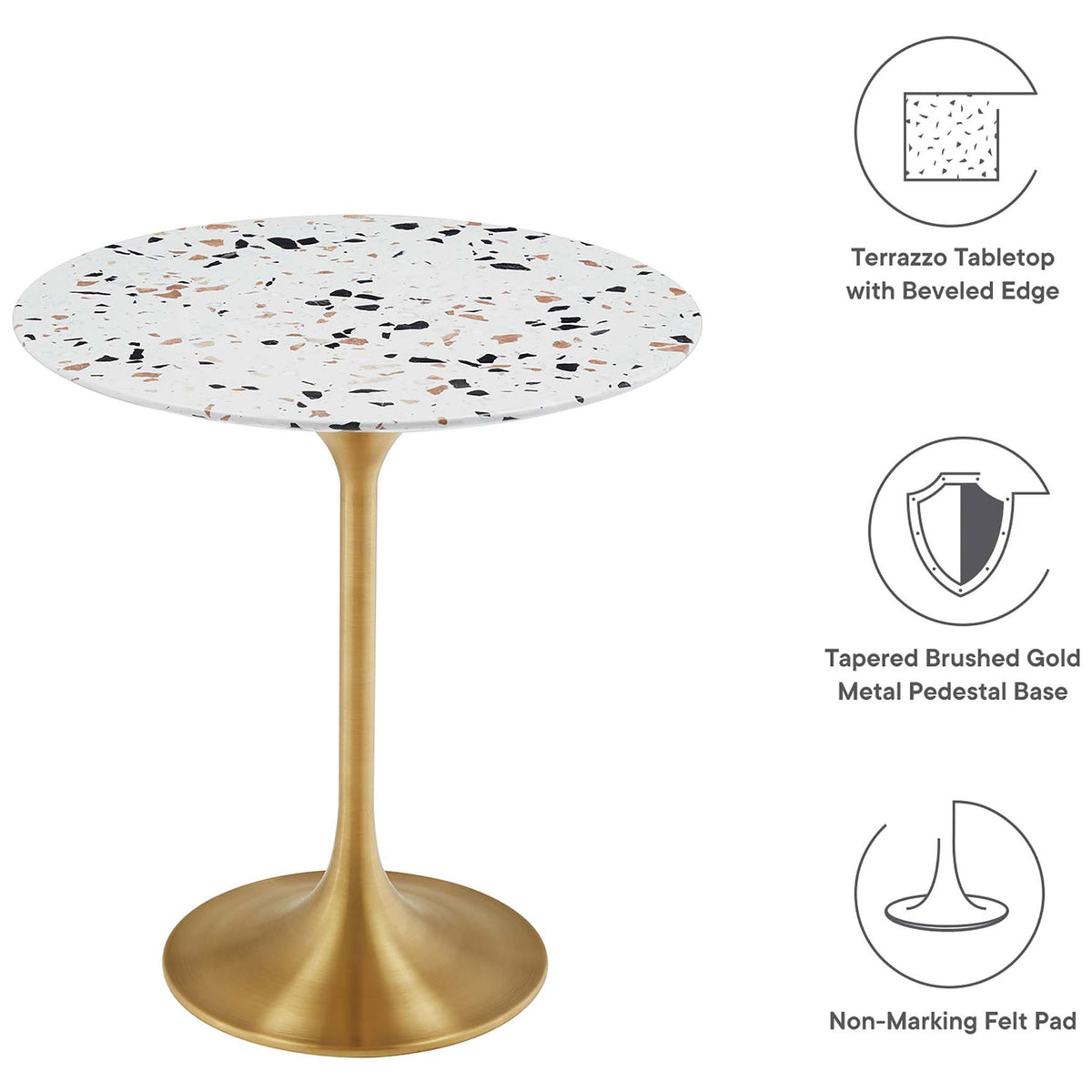 Lippa terrazzo side table highlighting beveled top, tapered gold base, and protective felt pad || EEI-5687-GLD-TER || callout_studio
