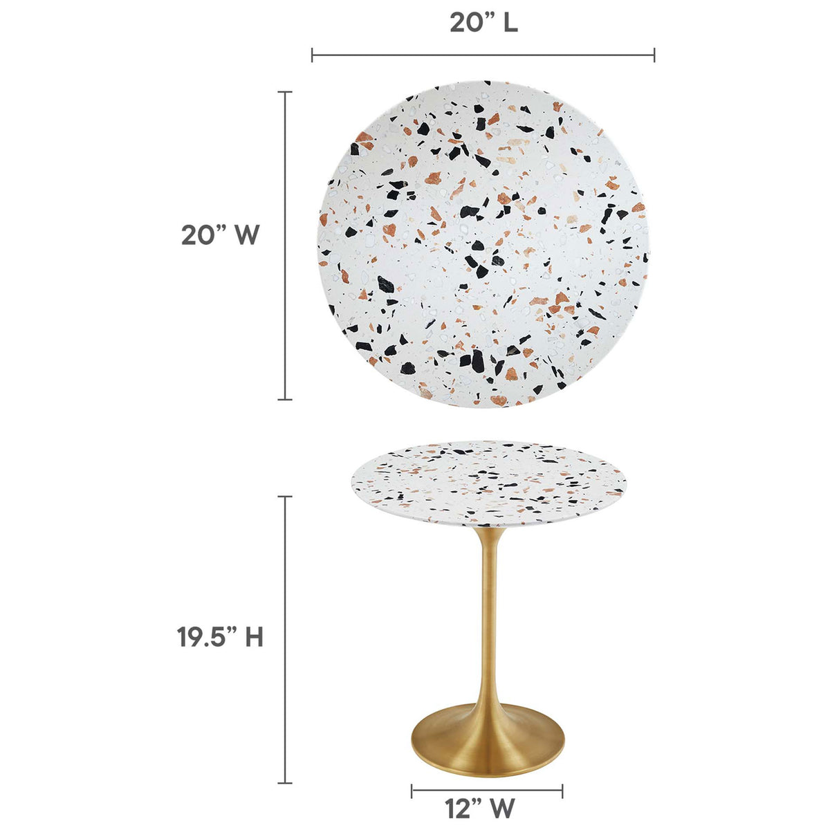 Size guide for the Lippa terrazzo side table showing round 20 inch top and 19.5 inch height || EEI-5687-GLD-TER || dimension_studio