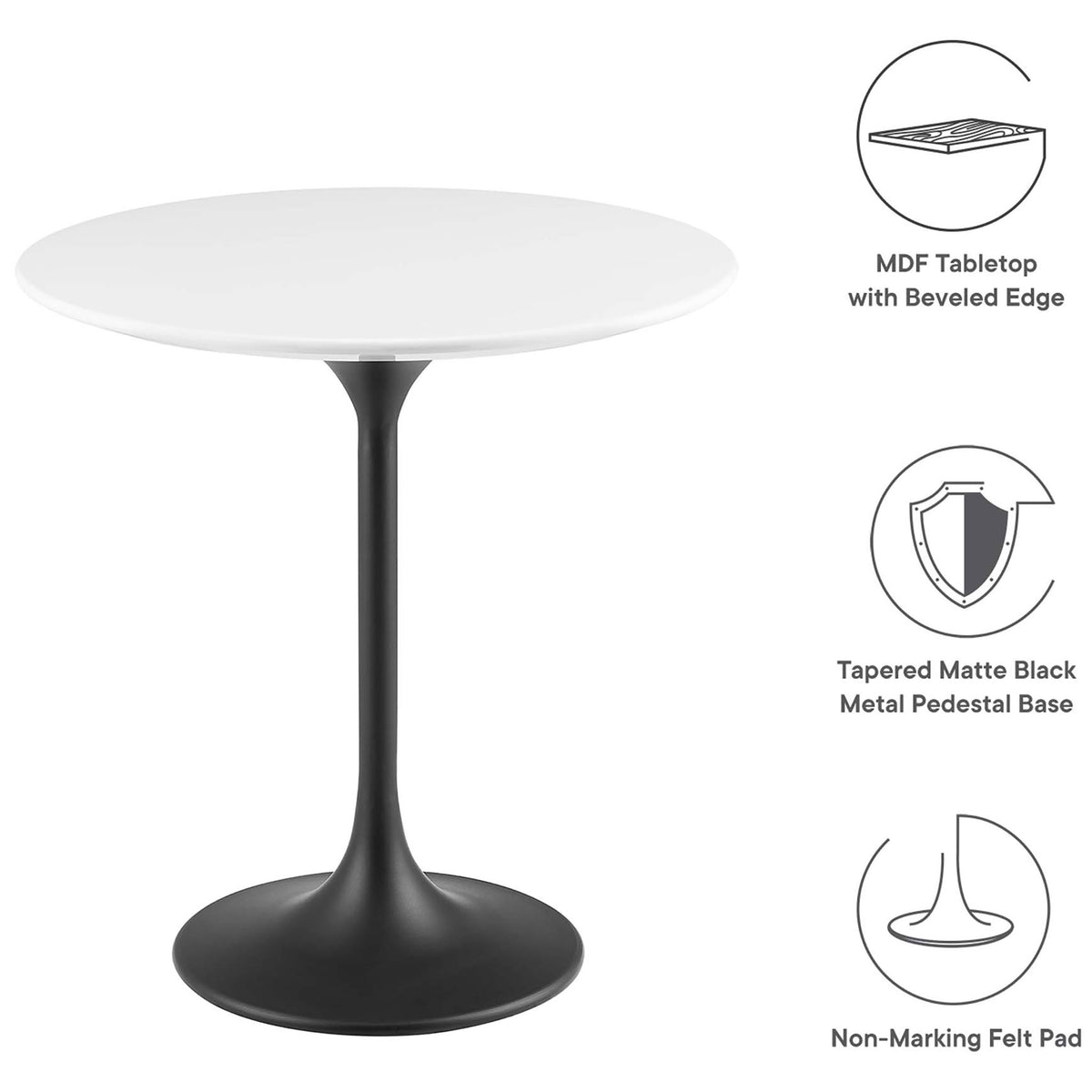 Feature callouts highlight the beveled MDF top, pedestal base, and non-marking felt pad || EEI-5688-BLK-WHI || callout_studio