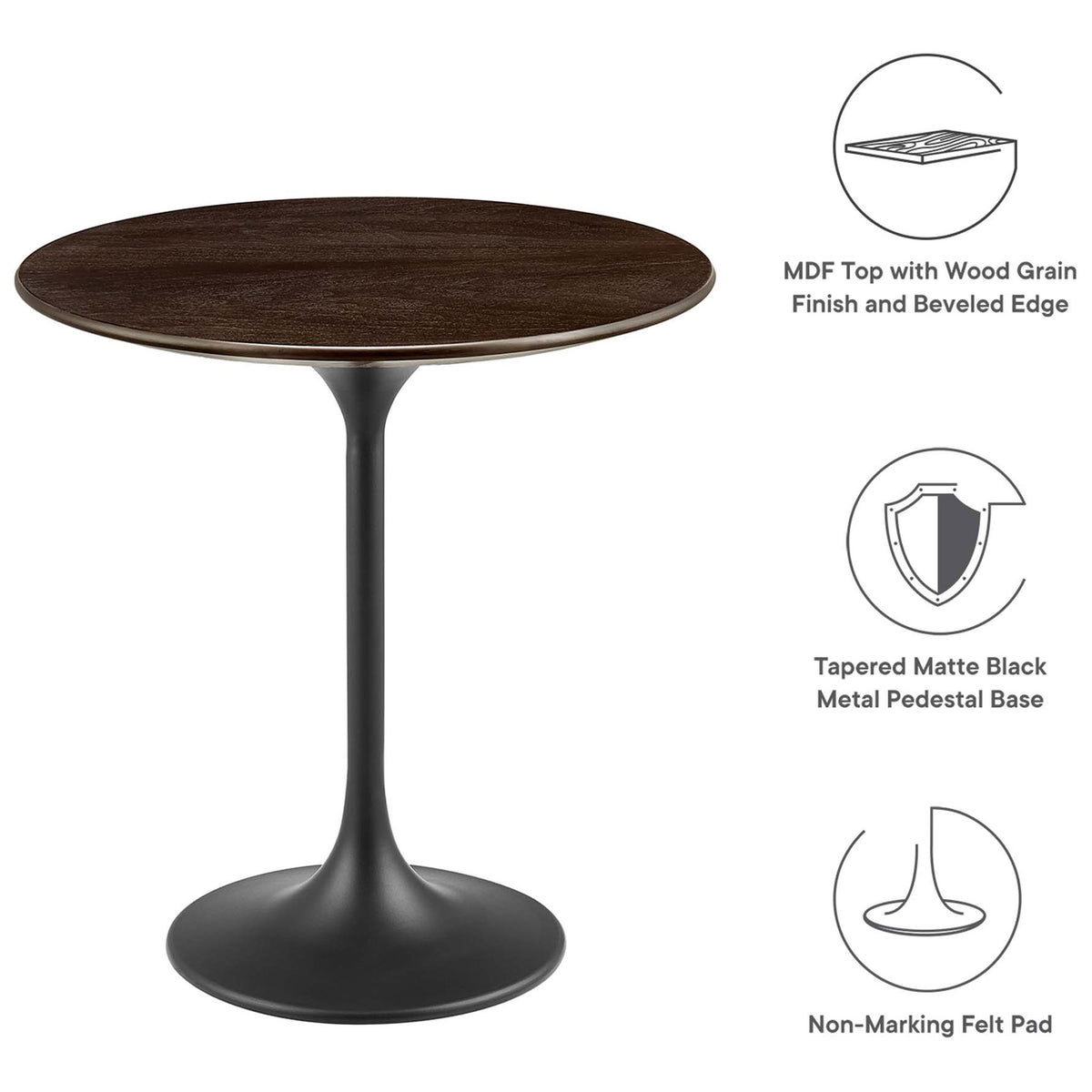 Black cherry side table highlighting wood grain top, metal pedestal base, and felt pad || EEI-5689-BLK-CHE || callout_studio