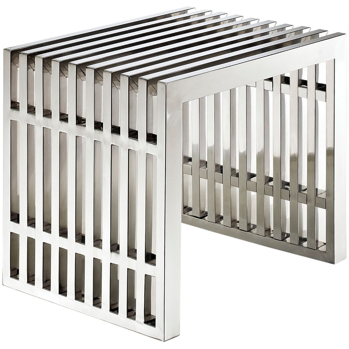 Polished stainless steel bench with open slat design and crisp, modern lines || EEI-569-SLV || front_angle_studio