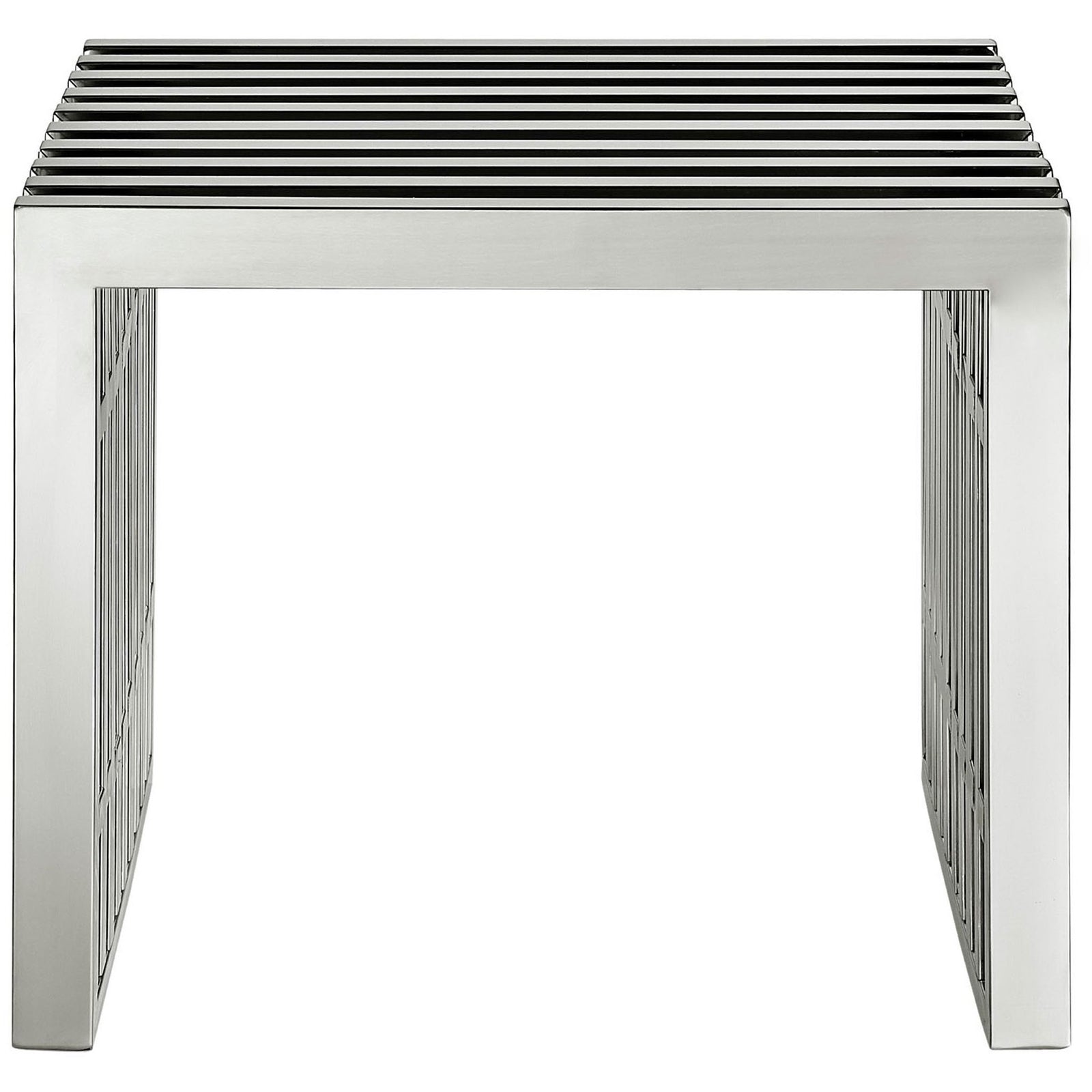Streamlined stainless steel bench showcases a grid of gleaming bars for a sleek, airy look || EEI-569-SLV || front_studio