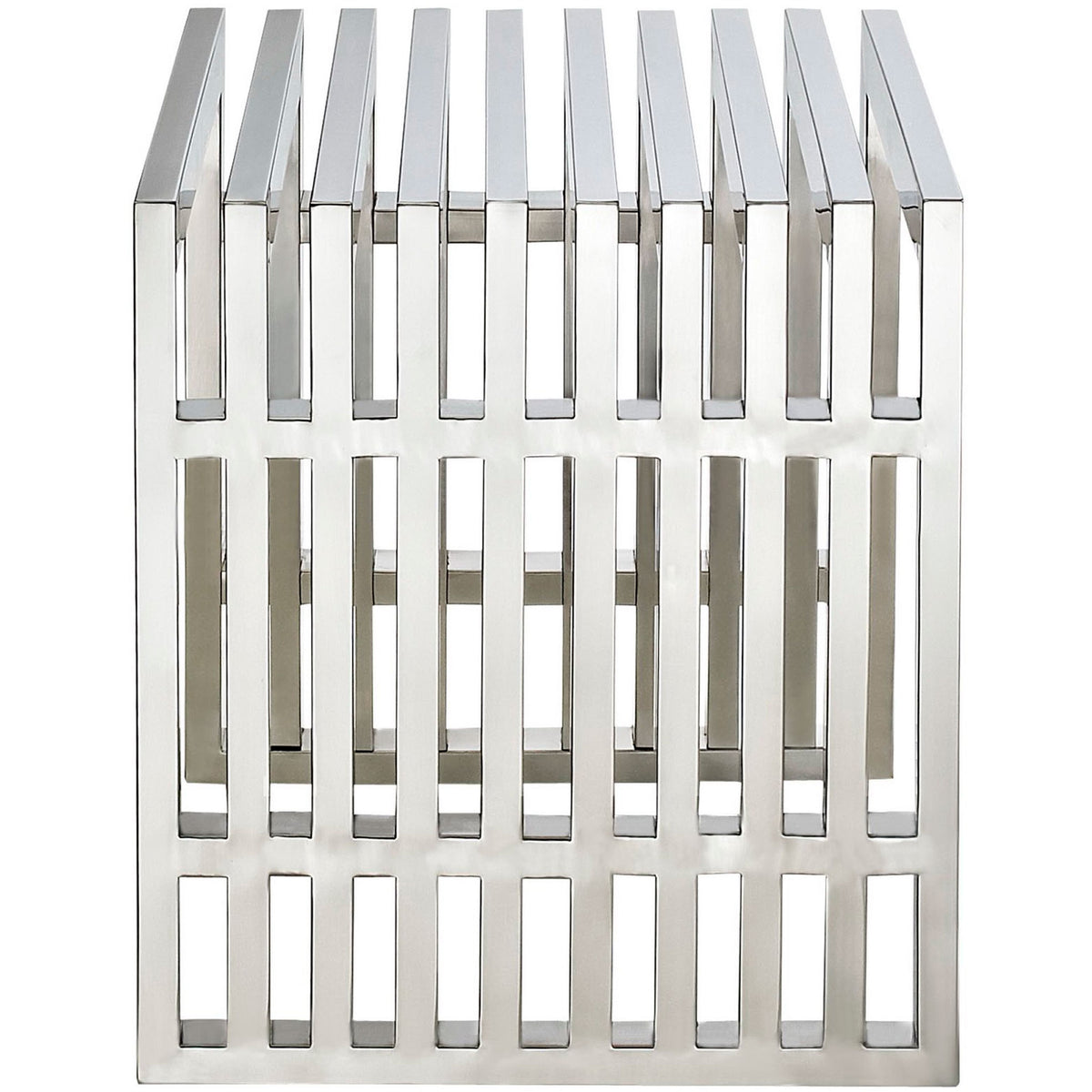 Vertical slats and a reflective finish define this durable, all-stainless steel bench || EEI-569-SLV || side_studio