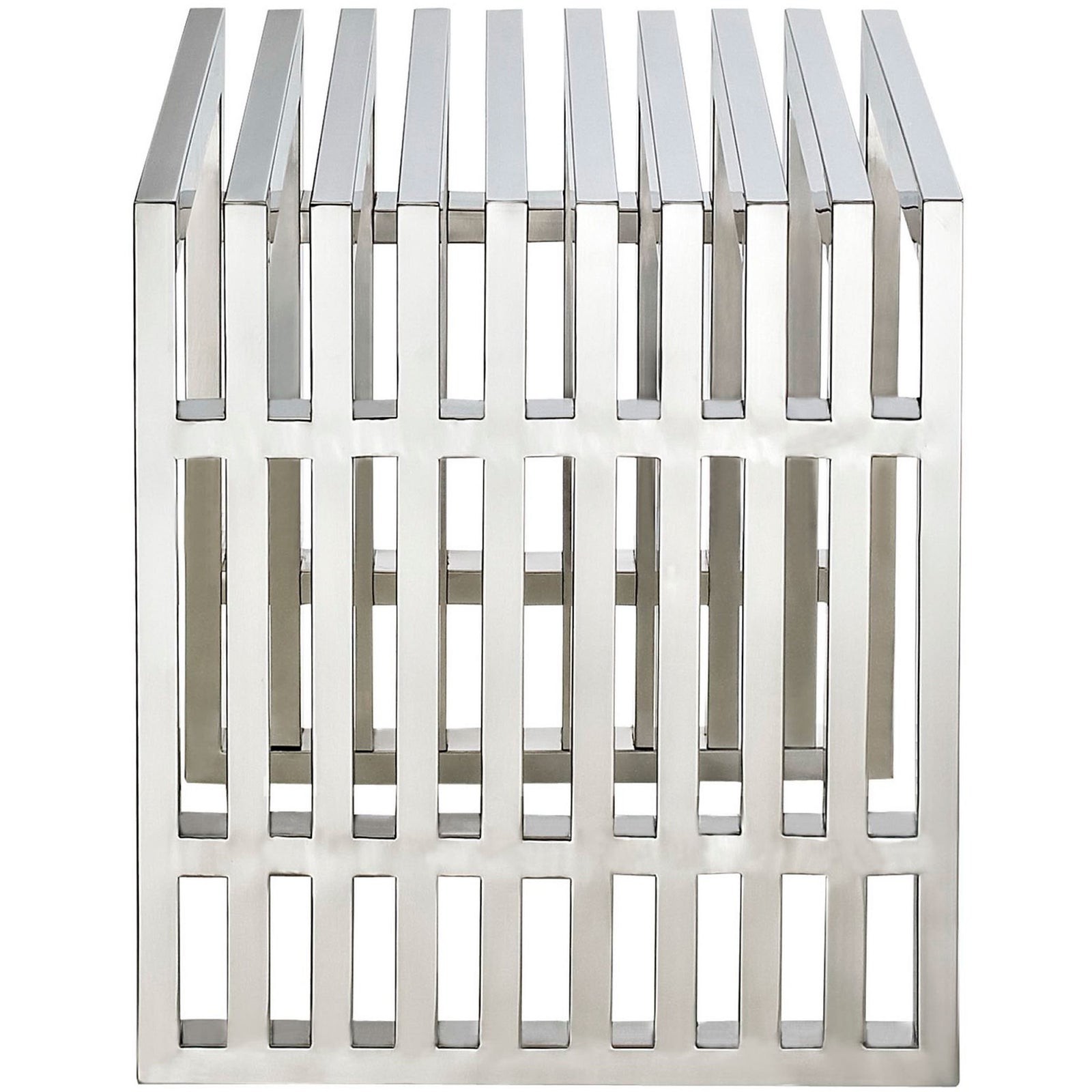 Vertical slats and a reflective finish define this durable, all-stainless steel bench || EEI-569-SLV || side_studio