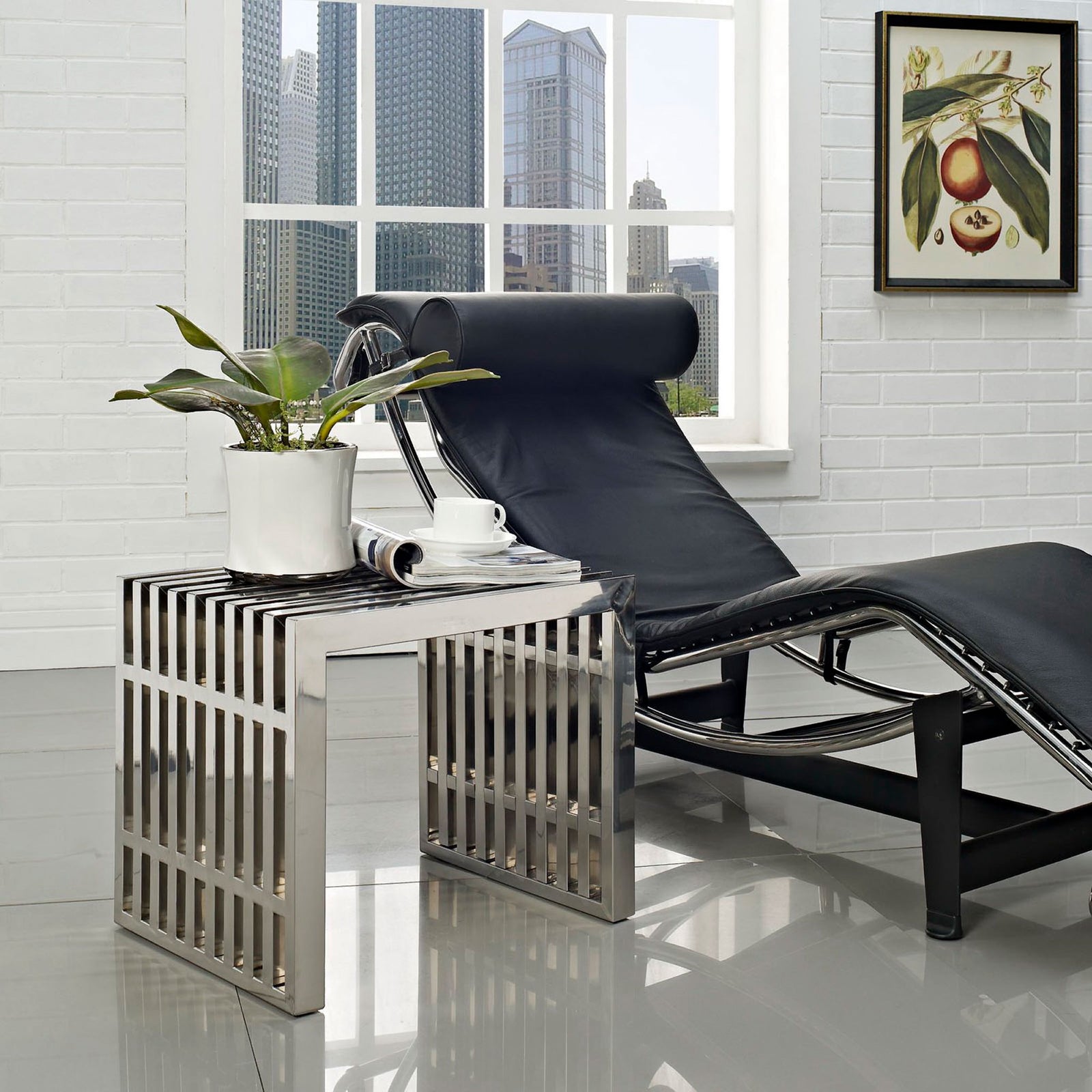 Compact stainless steel bench doubles as a side table, elevating modern lounge decor || EEI-569-SLV || front_angle_room