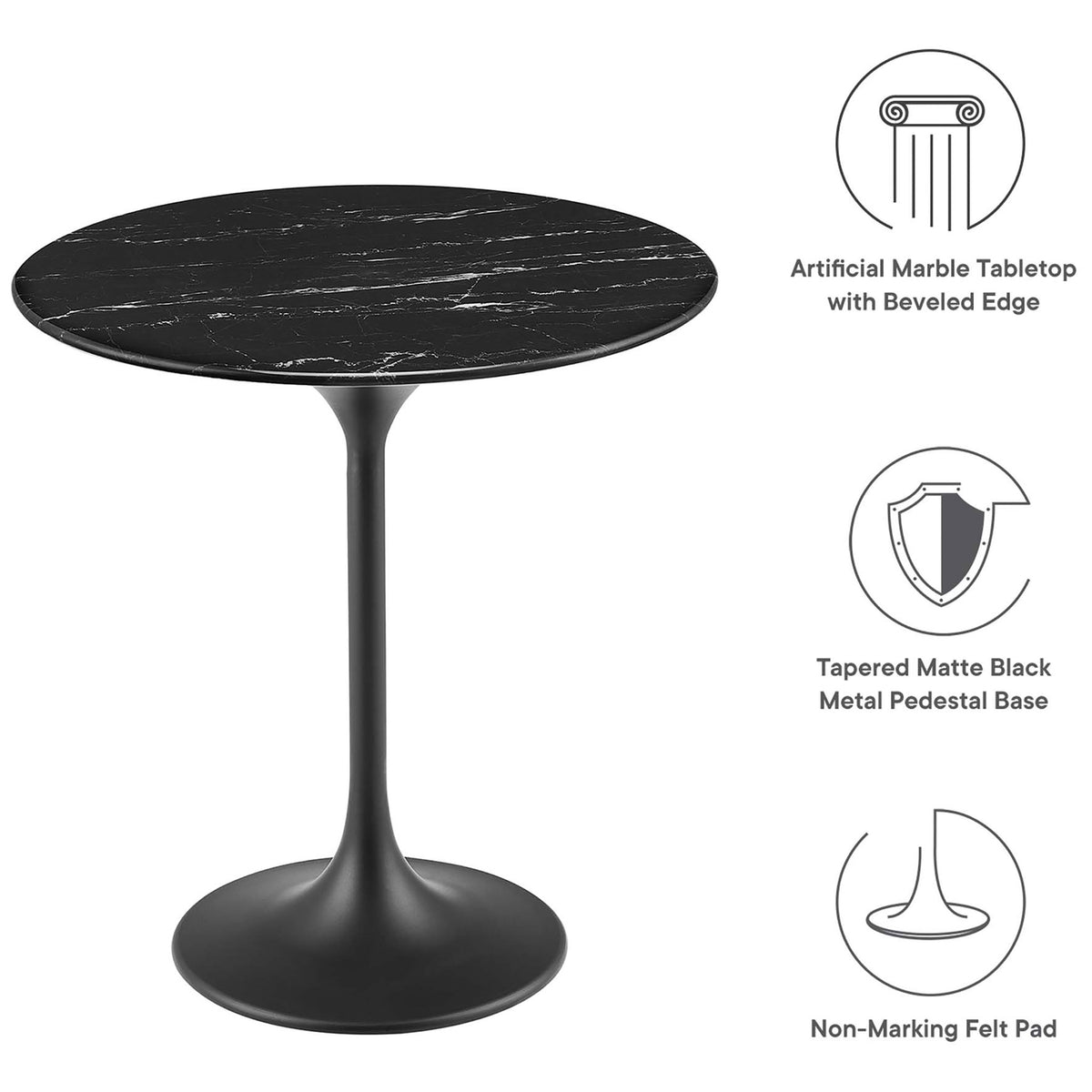 Lippa side table highlighting artificial marble top, tapered pedestal base, and felt floor pads || EEI-5690-BLK-BLK || callout_studio