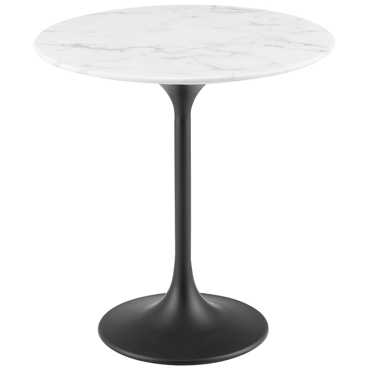 Mid century round white faux marble side table with sleek black pedestal base || EEI-5690-BLK-WHI || front_angle_studio