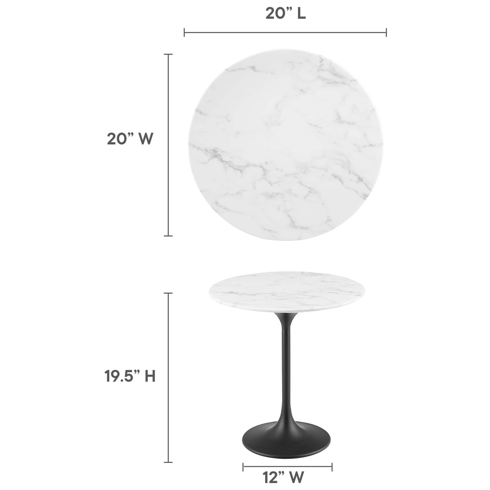 Dimension diagram for the compact round faux marble side table with pedestal base || EEI-5690-BLK-WHI || dimension_studio