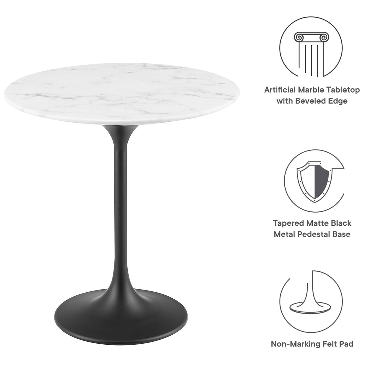 Feature highlights for the faux marble side table, including beveled top and non marking base || EEI-5690-BLK-WHI || callout_studio