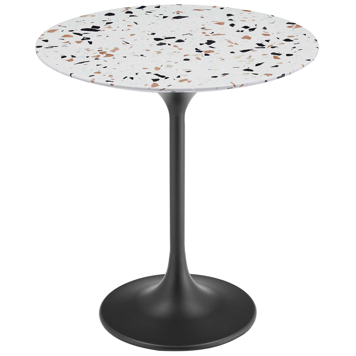 Black pedestal side table with round white terrazzo top and sleek midcentury profile || EEI-5692-BLK-TER || front_angle_studio