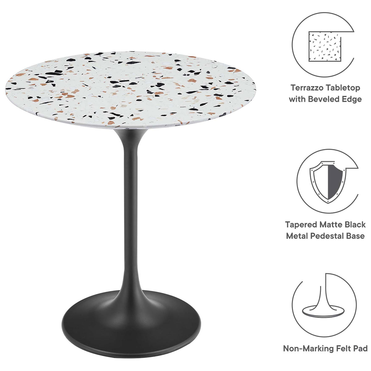 Terrazzo side table with black pedestal base and feature icons for beveled edge and floor protection || EEI-5692-BLK-TER || callout_studio