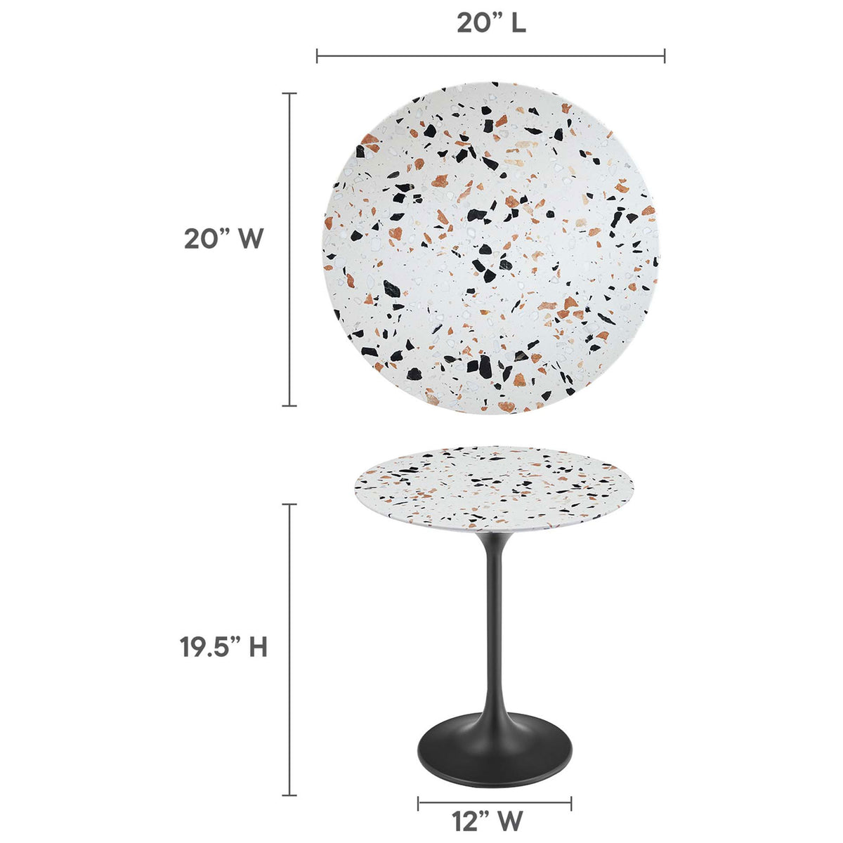 Terrazzo side table diagram showing 20 inch round top, 19.5 inch height, and 12 inch base || EEI-5692-BLK-TER || dimension_studio