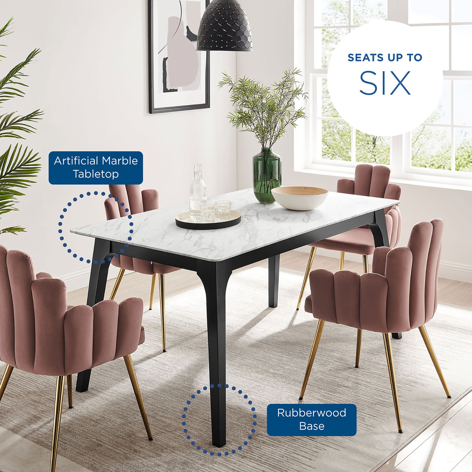 Modern marble dining table styled with plush blush chairs showing seating for family and guests || EEI-5693-BLK-WHI || callout_room