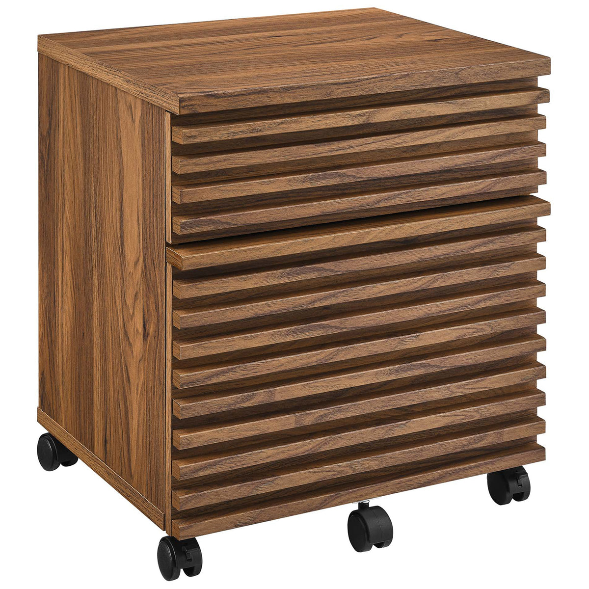 Walnut wood rolling file cabinet with slatted drawers and smooth mid-century lines || EEI-5704-WAL || front_angle_studio