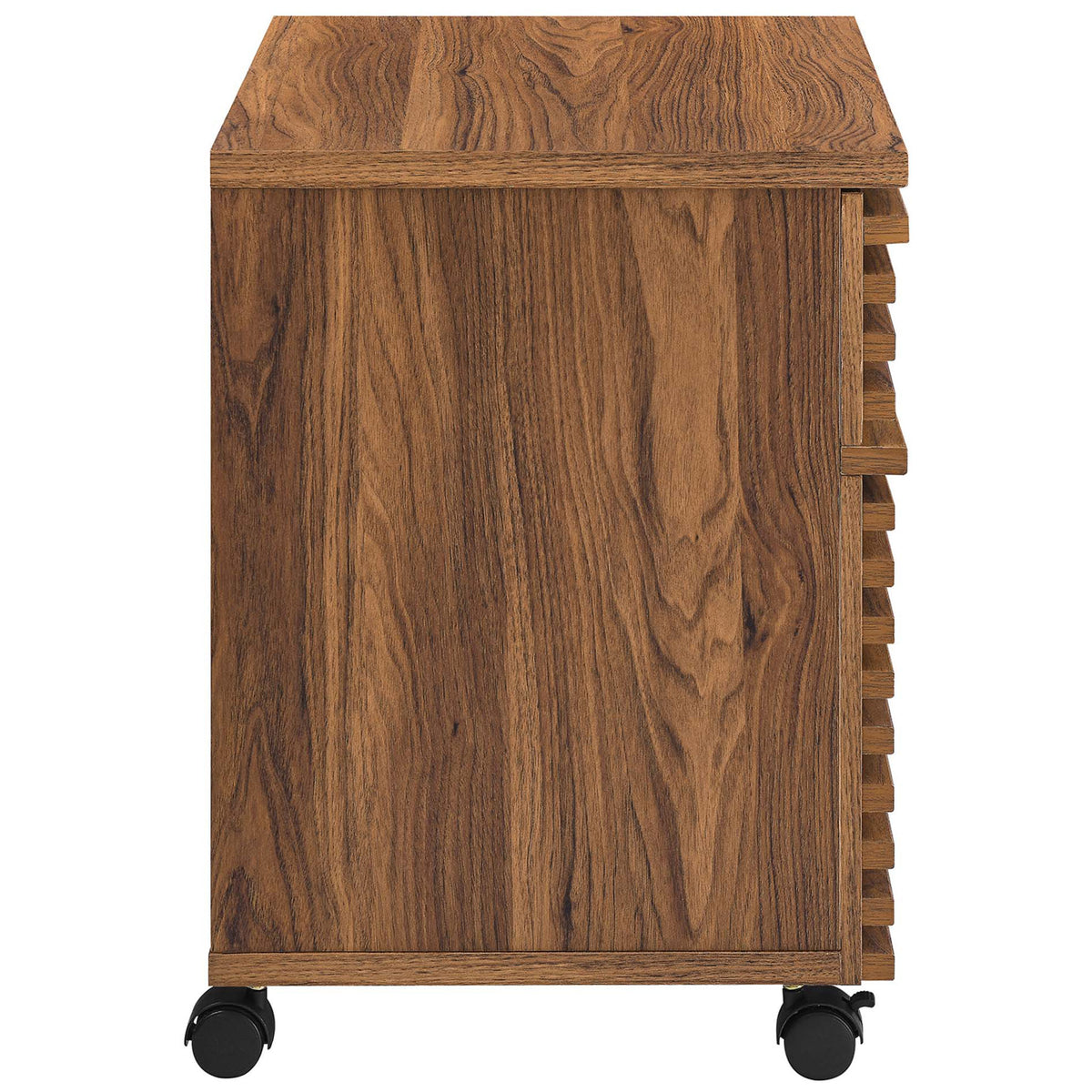 Streamlined walnut filing cabinet profile with vertical grain and rolling casters || EEI-5704-WAL || side_studio