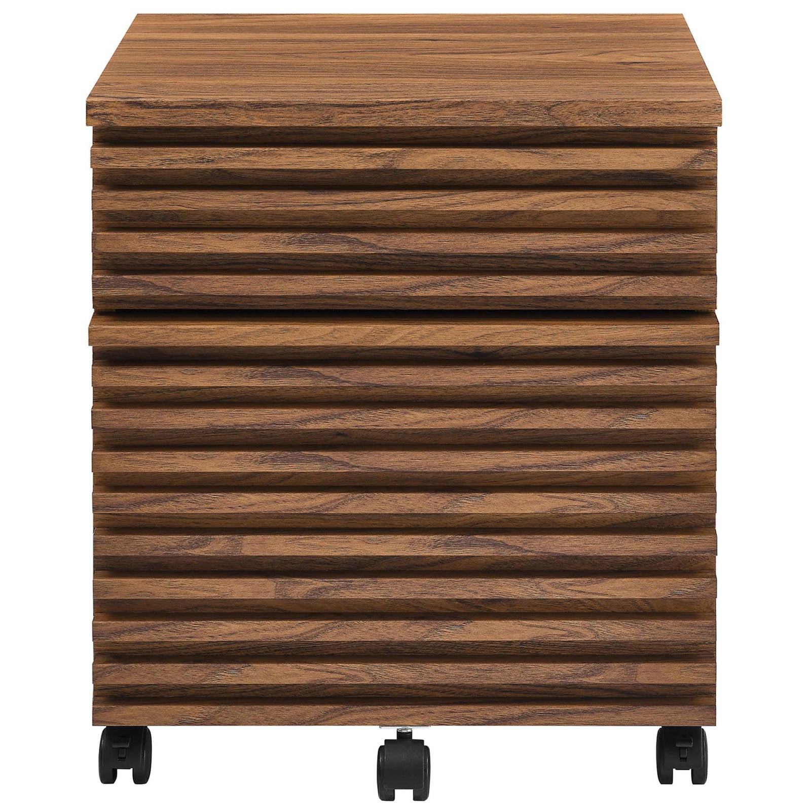 Compact walnut file cabinet with sculpted slatted drawers and smooth rolling casters || EEI-5704-WAL || front_studio
