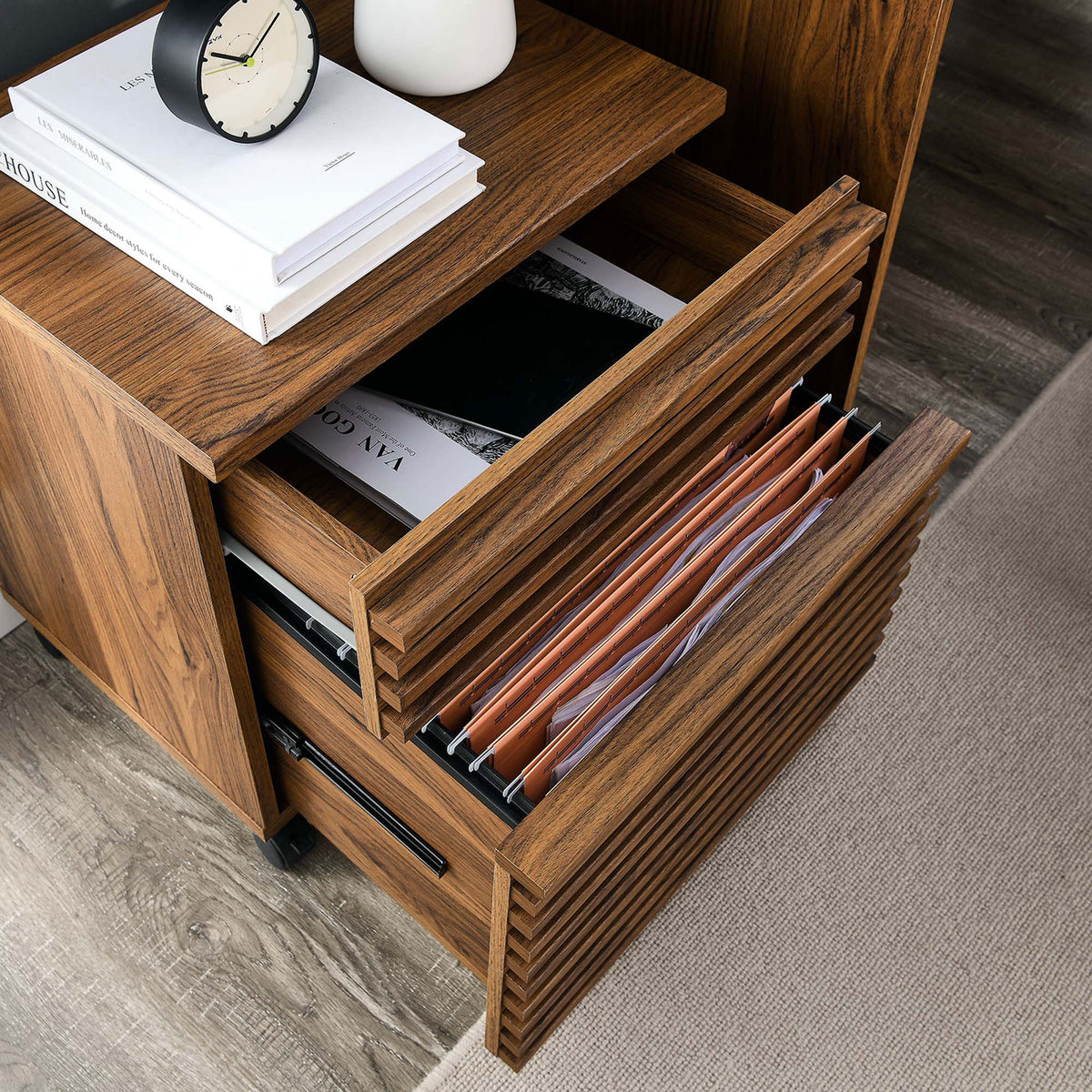 Walnut file cabinet beside matching desk with open drawers organizing hanging files and office essentials || EEI-5704-WAL || storage_open_room