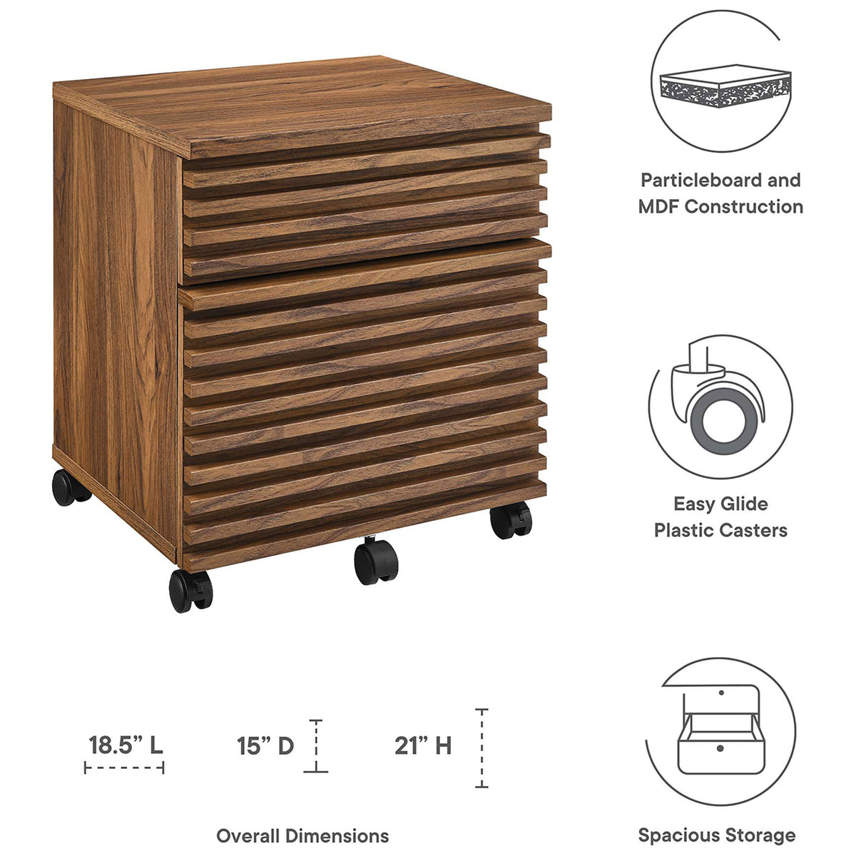 Feature graphic highlighting particleboard and MDF construction, plastic casters, drawers, and cabinet dimensions || EEI-5704-WAL || dimension_studio