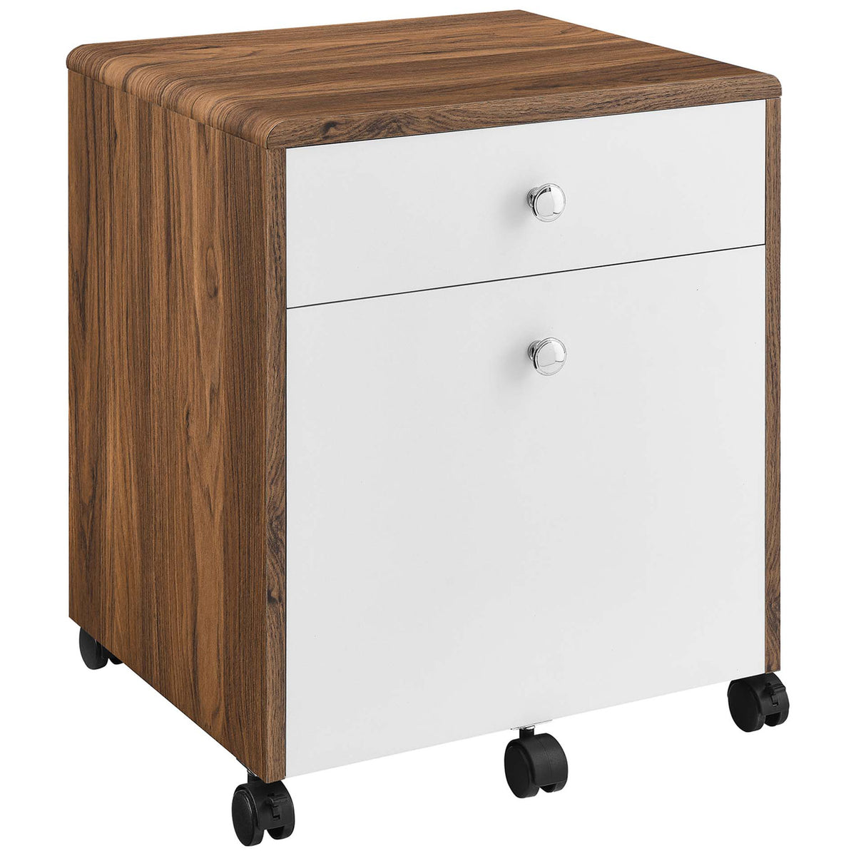 Compact mid-century style file cabinet with rounded walnut edges and white drawers on mobile casters || EEI-5705-WAL-WHI || front_angle_studio