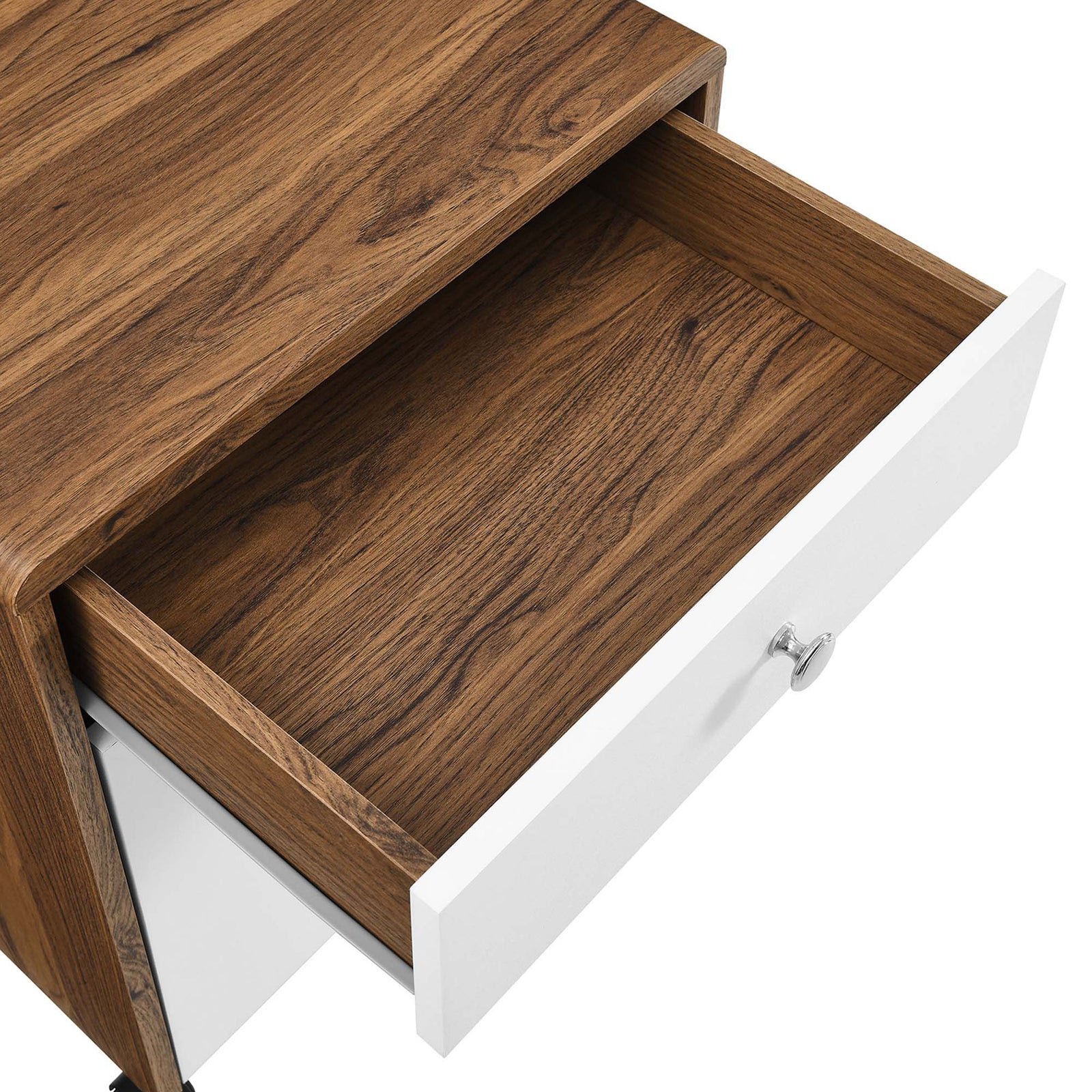 Upper storage drawer glides open to reveal a spacious wood-lined compartment for office essentials || EEI-5705-WAL-WHI || storage_open_studio