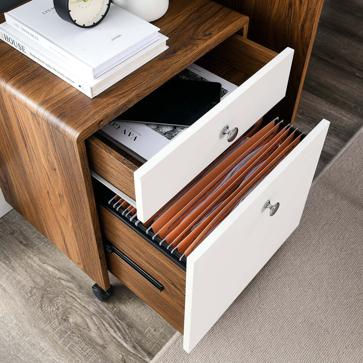 Transmit file cabinet holding neatly organized hanging files beside a coordinating walnut office desk || EEI-5705-WAL-WHI || storage_open_room