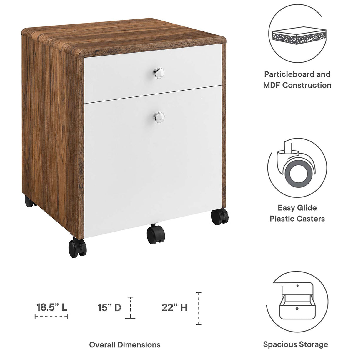 Transmit wood file cabinet with icons highlighting smooth casters, sturdy construction, and overall dimensions || EEI-5705-WAL-WHI || dimension_studio
