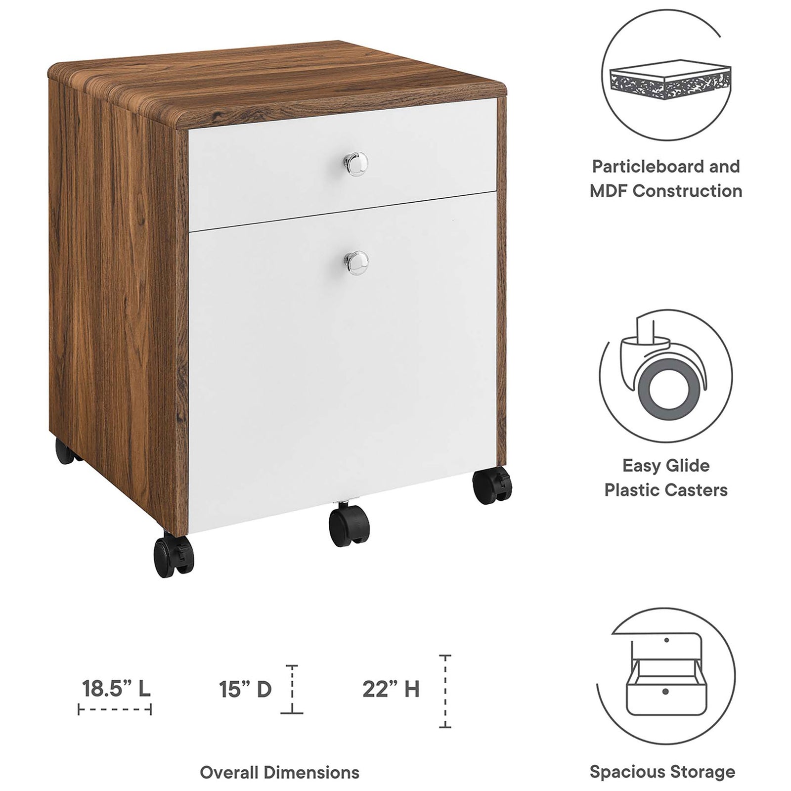 Transmit wood file cabinet with icons highlighting smooth casters, sturdy construction, and overall dimensions || EEI-5705-WAL-WHI || dimension_studio
