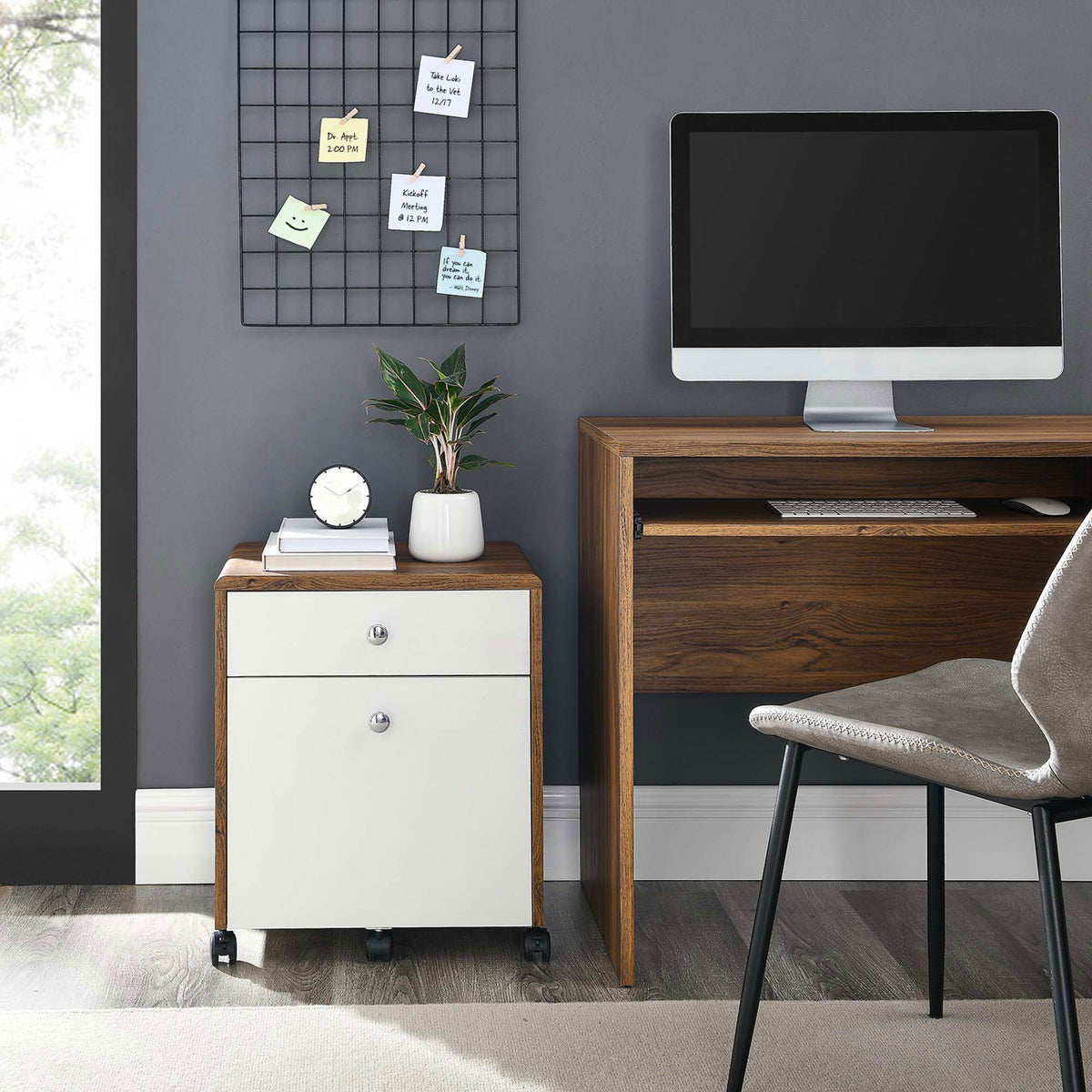 Walnut and white file cabinet tucks neatly beside a modern desk to keep your home office organized || EEI-5705-WAL-WHI || front_room