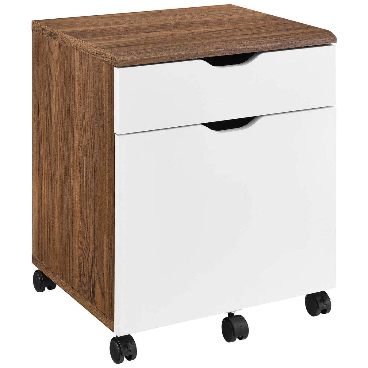 Walnut wood grain file cabinet with smooth white drawers and easy-roll casters for modern office storage. || EEI-5706-WAL-WHI || front_angle_studio