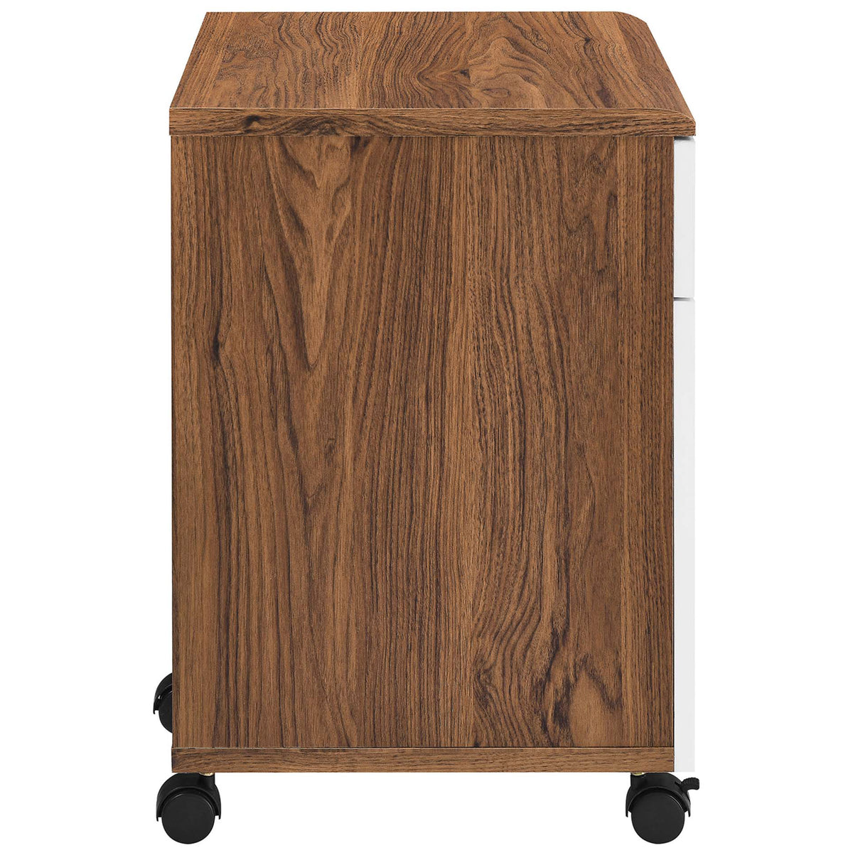 Envision file cabinet features a rich walnut wood grain finish with smooth edges for a refined, modern look. || EEI-5706-WAL-WHI || side_studio