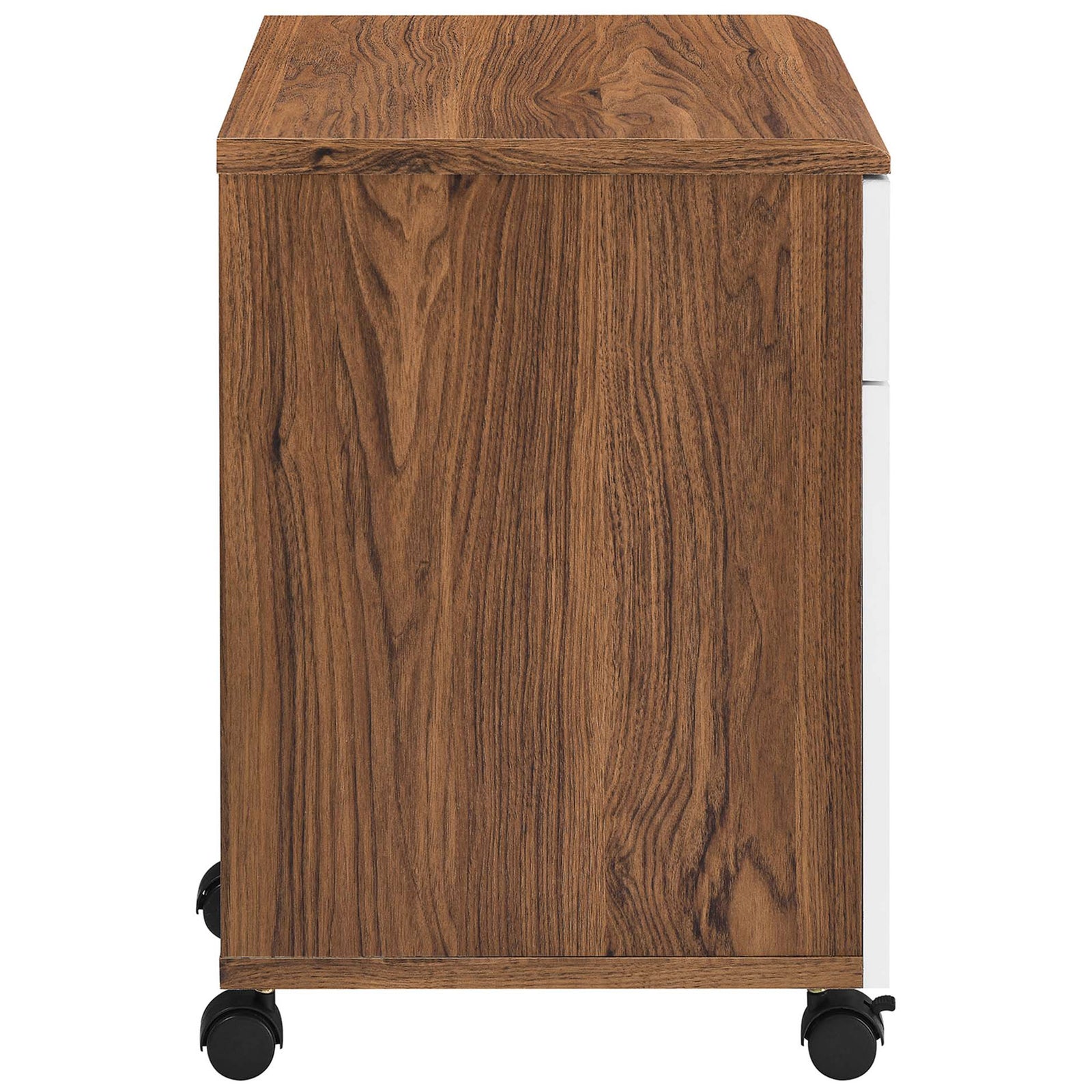 Envision file cabinet features a rich walnut wood grain finish with smooth edges for a refined, modern look. || EEI-5706-WAL-WHI || side_studio