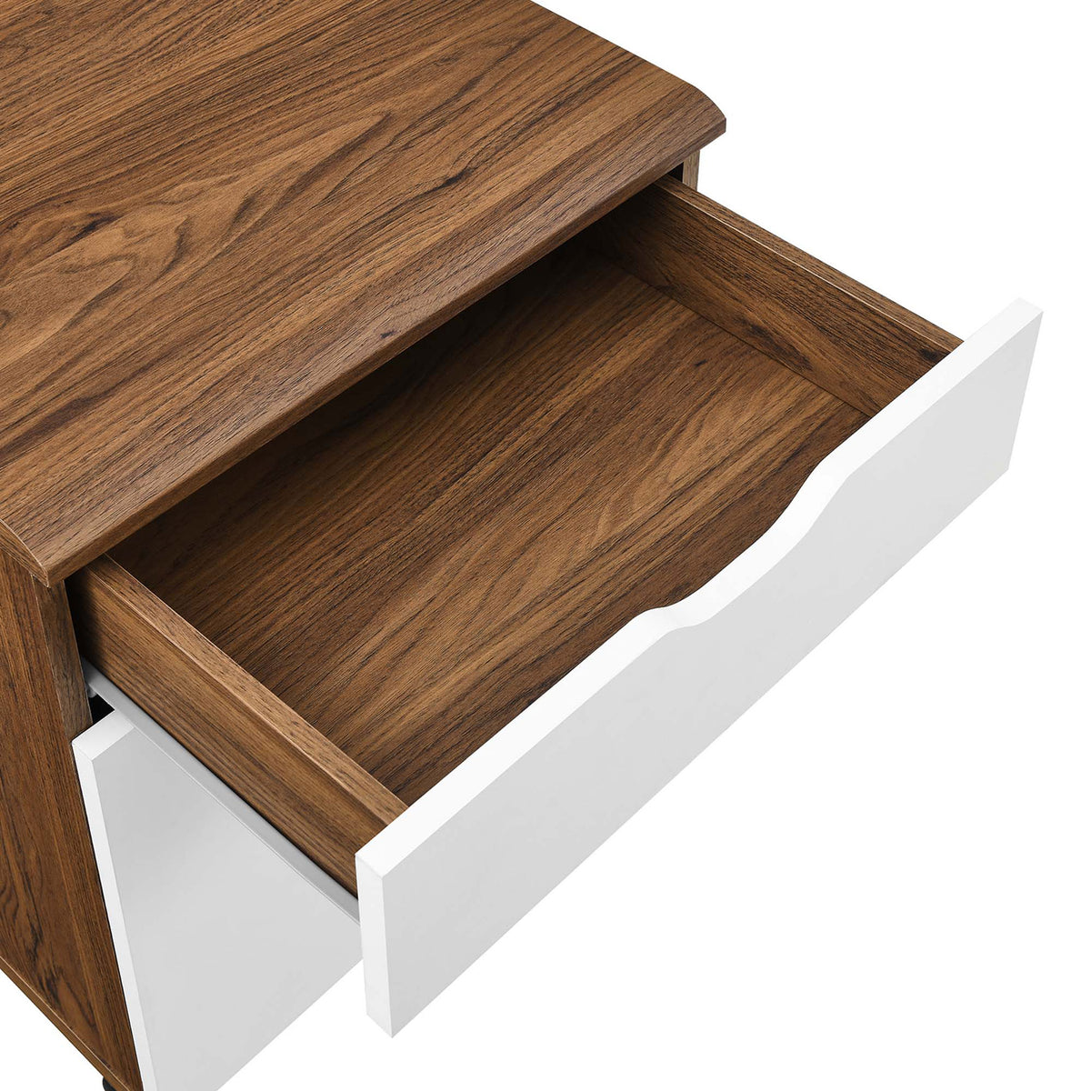 Spacious upper drawer with walnut interior offers handy storage for office supplies and everyday essentials. || EEI-5706-WAL-WHI || storage_open_studio